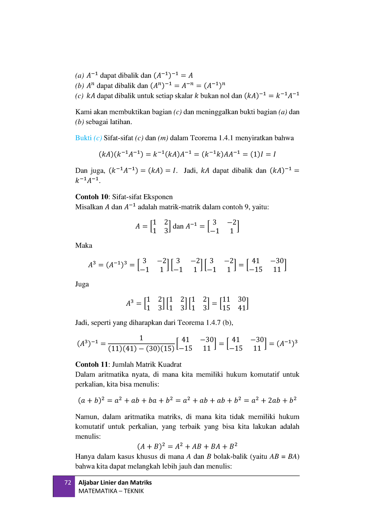 2 - Tugas - 72 Aljabar Linier Dan Matriks MATEMATIKA – TEKNIK (a) 𝐴−1 ...