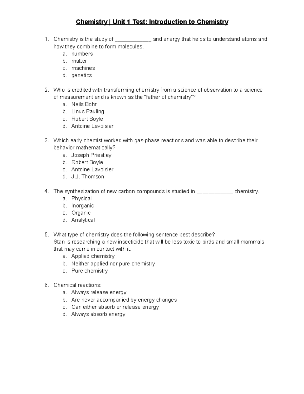 Chemistry Unit 1 Test Introduction to Chemistry - Chemistry | Unit 1 ...