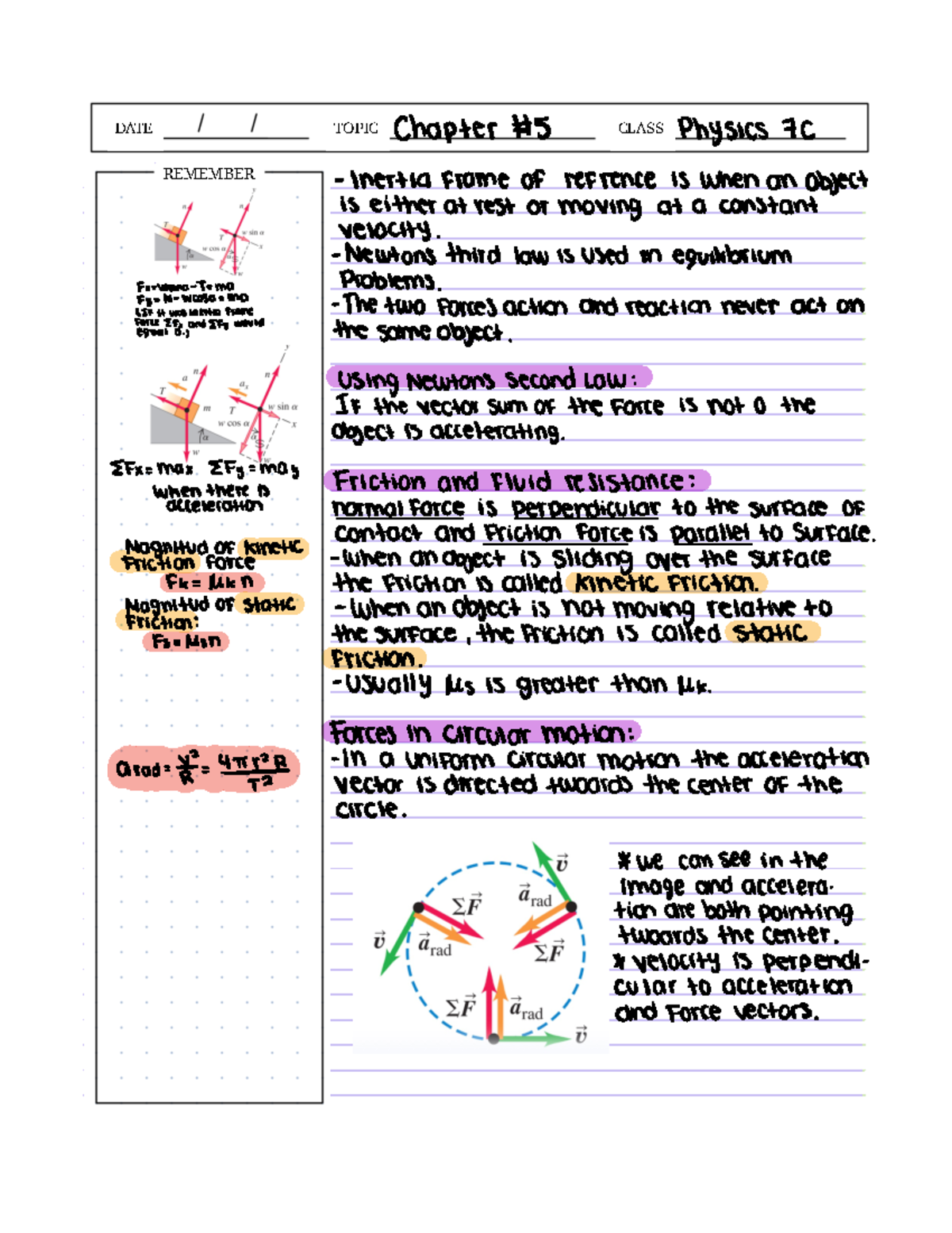 Midterm #2-Chapter 5 - DATE TOPIC CLASS REMEMBER Chapter 5 Physics 7C ...