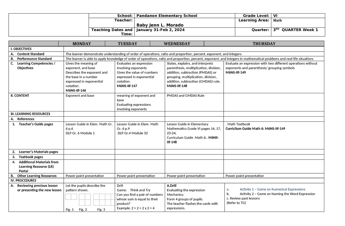 DLL Mathematics 6 Q2 W6 - None - School: Pandanon Elementary School ...