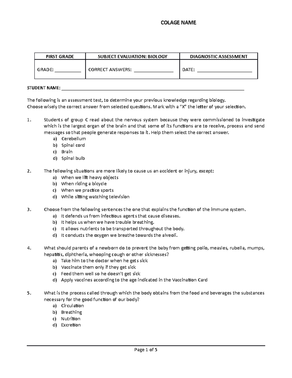 Examen diagnostico Primer grado secundaria Biologia ingles 2 - FIRST ...