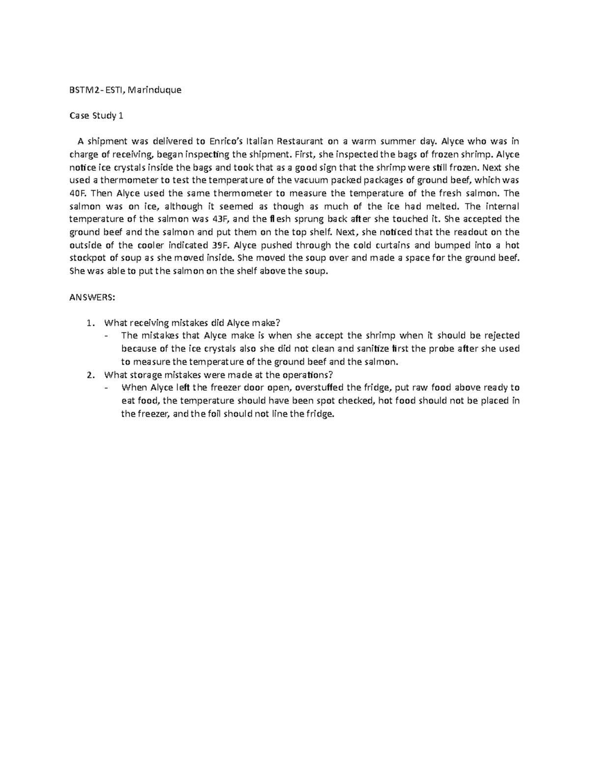 Rsk mngmnt 1 - notes - BSTM2- ESTI, Marinduque Case Study 1 A shipment ...