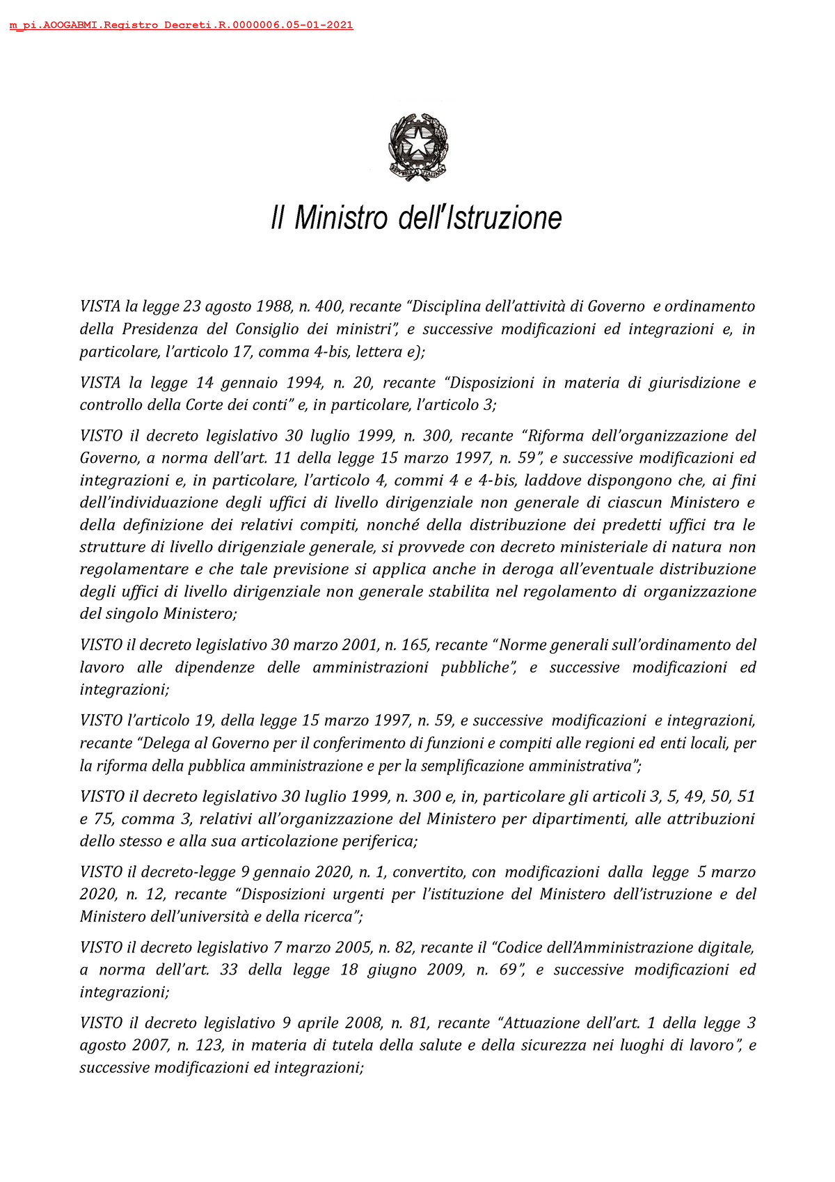 Decreto MInisteriale N. 6 Del 5 Gennaio 2021 - M_pi.AOOGABMI Decreti.R ...