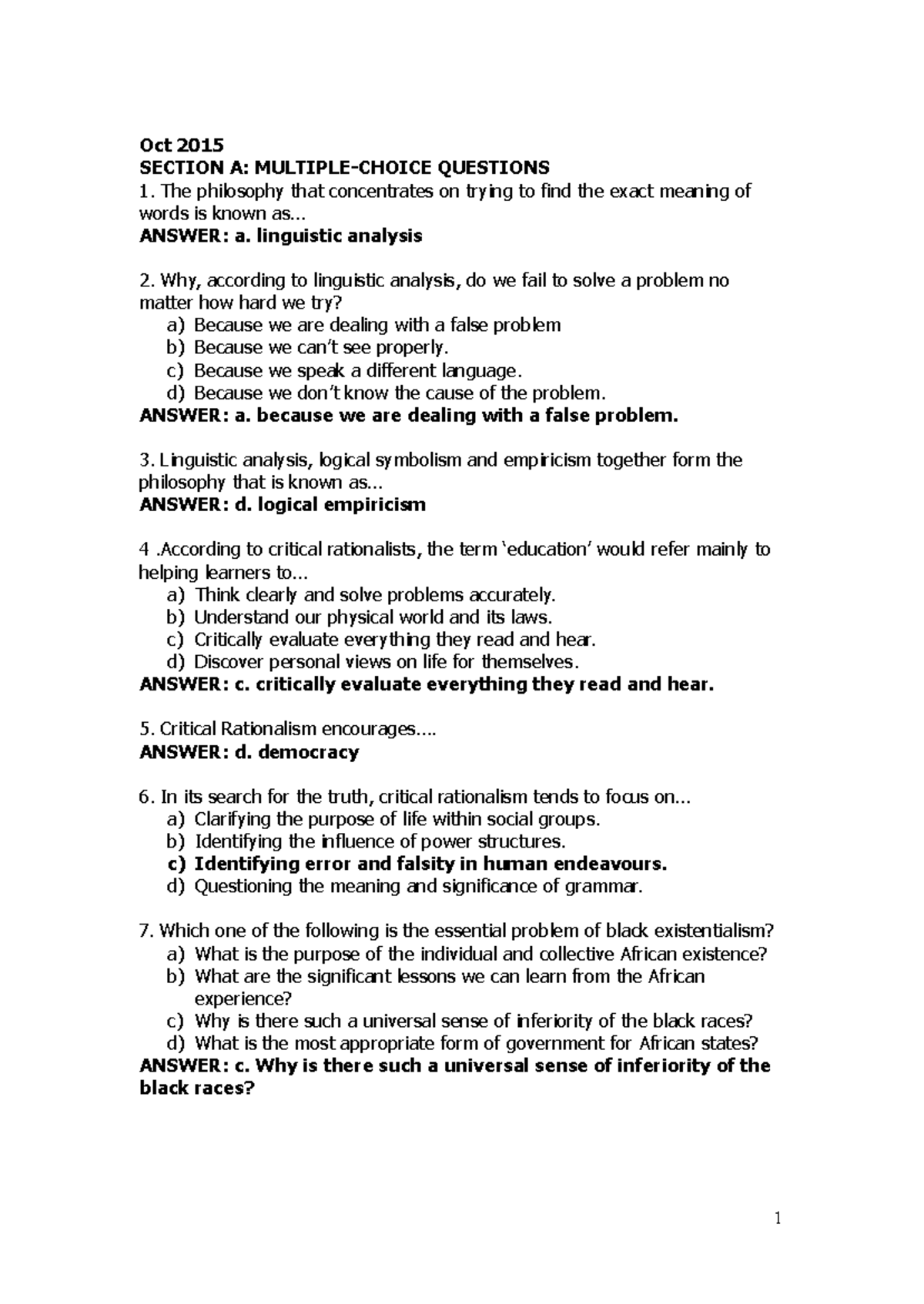 Combined Question Papers AND Answers - Oct 2015 SECTION A: MULTIPLE ...