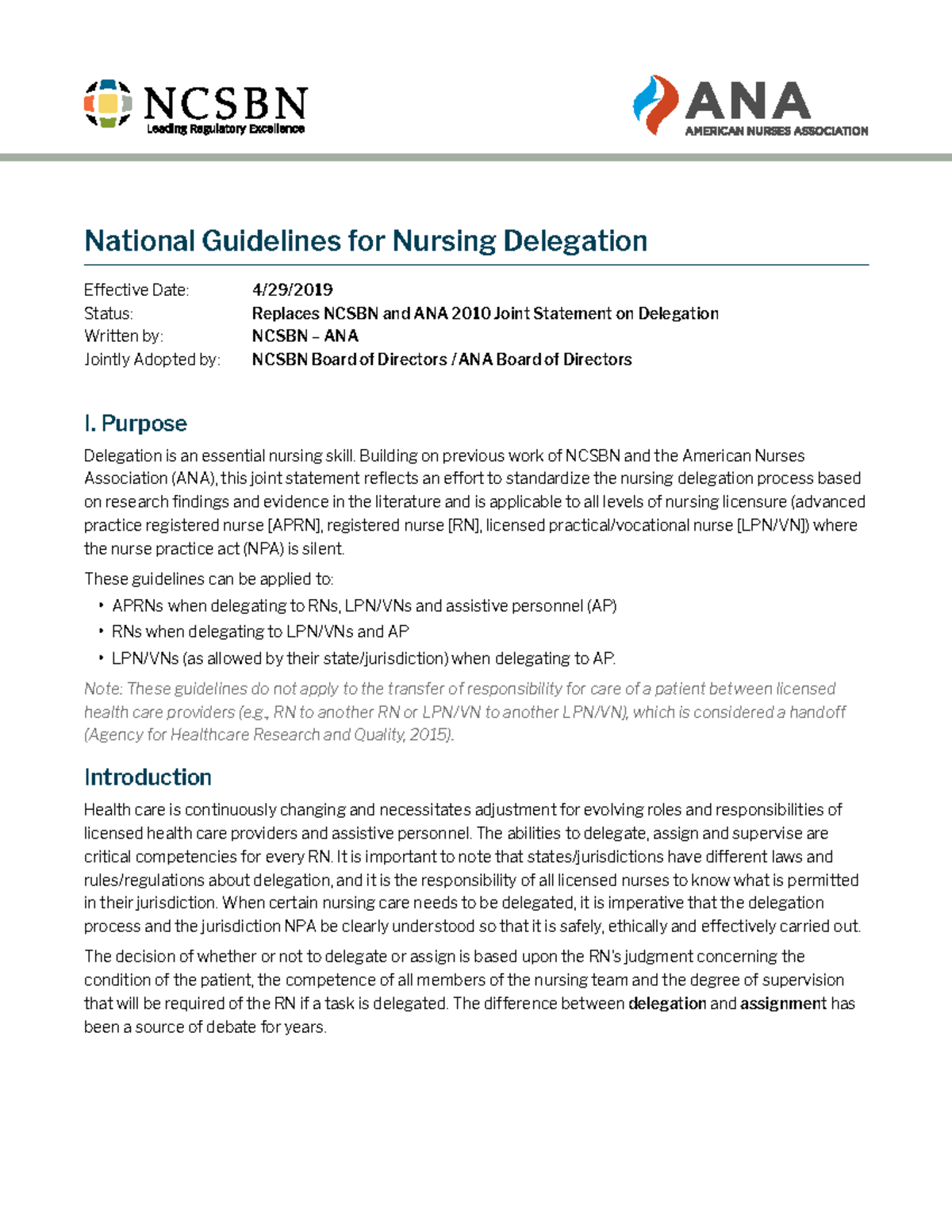 Delegation Paper - National Guidelines For Nursing Delegation Effective ...