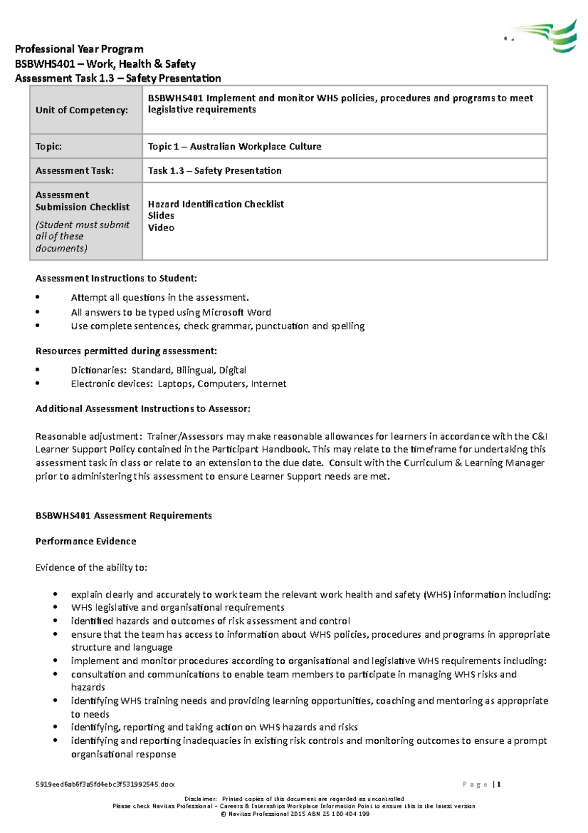 Task 1.3 safety audit - n/a - BSBWHS401 – Work, Health & Safety ...