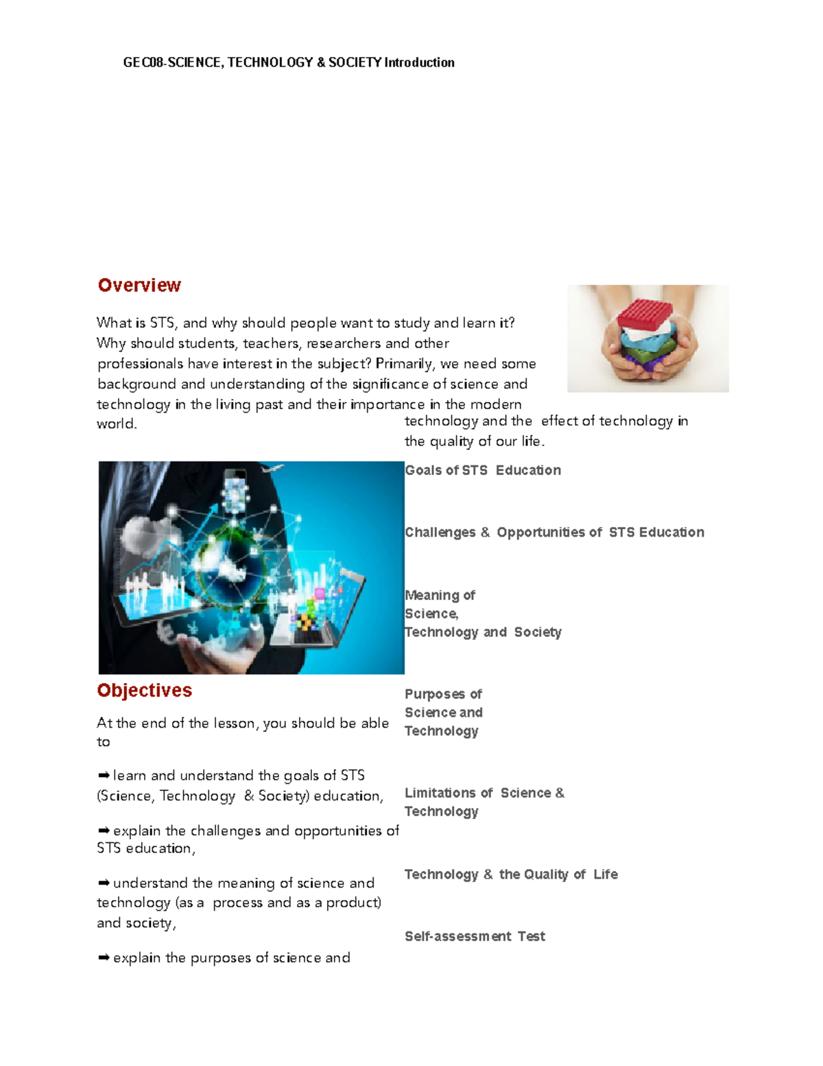 1- Intro Rev 202 - GEC08-SCIENCE, TECHNOLOGY & SOCIETY Introduction ...