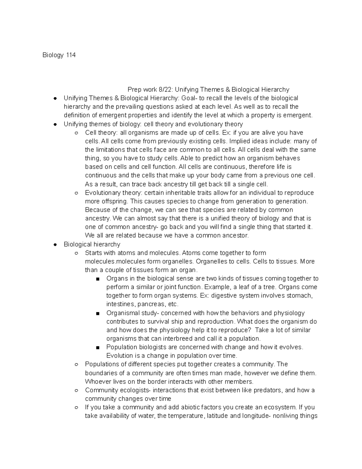 Bio-114 - notes - Biology 114 Prep work 8/22: Unifying Themes ...