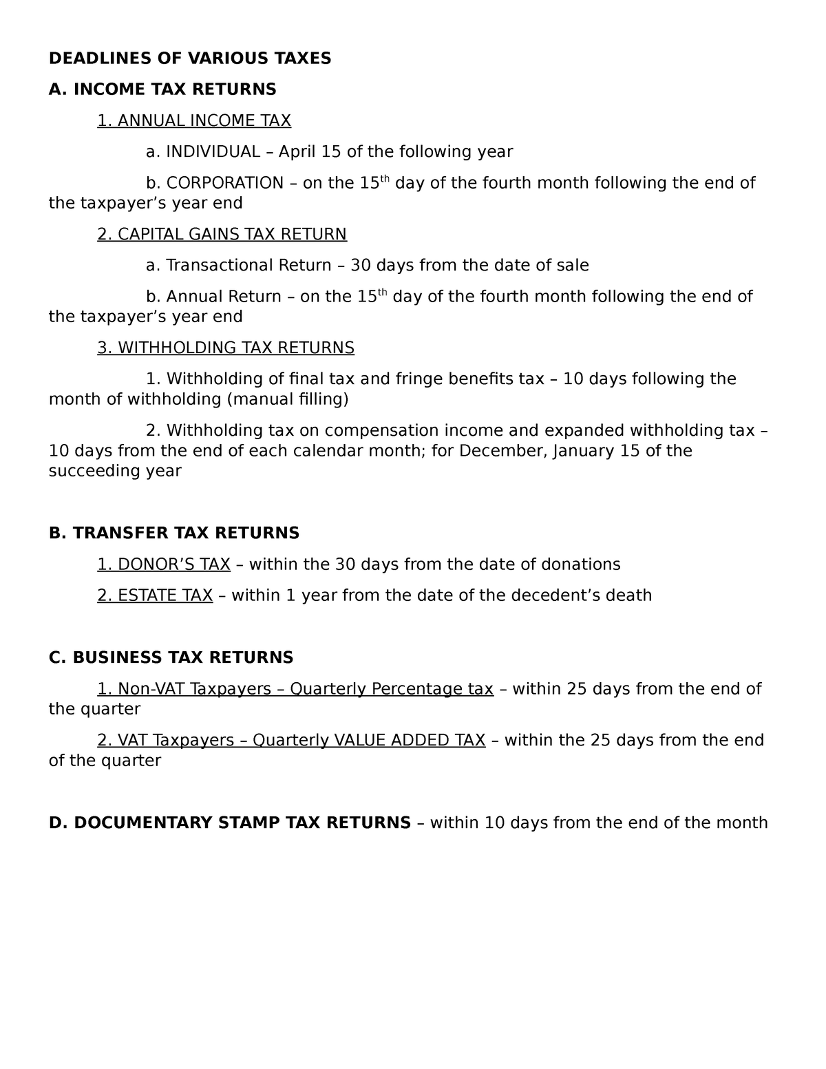 Deadlines OF Various Taxes DEADLINES OF VARIOUS TAXES A. TAX