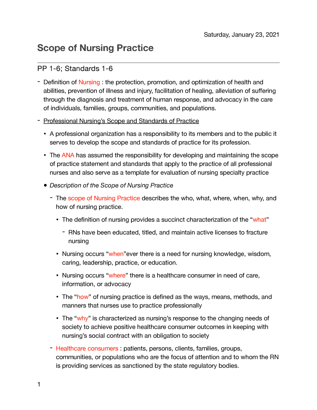 ANA PP 16 Lecture notes 1 Scope of Nursing Practice PP 16