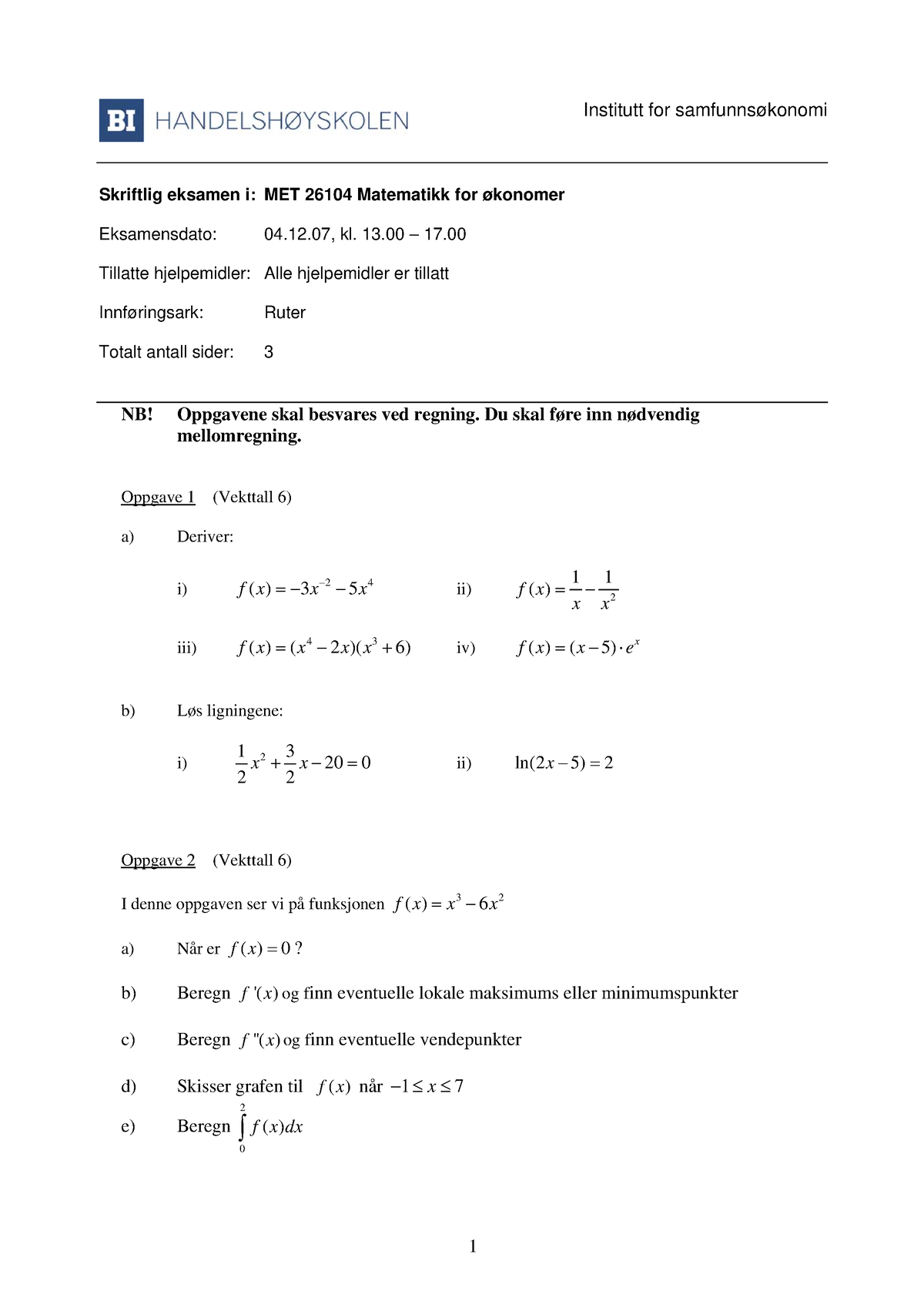 Øvingsoppgave Matematikk - Institutt For Samfunnsøkonomi Skriftlig ...