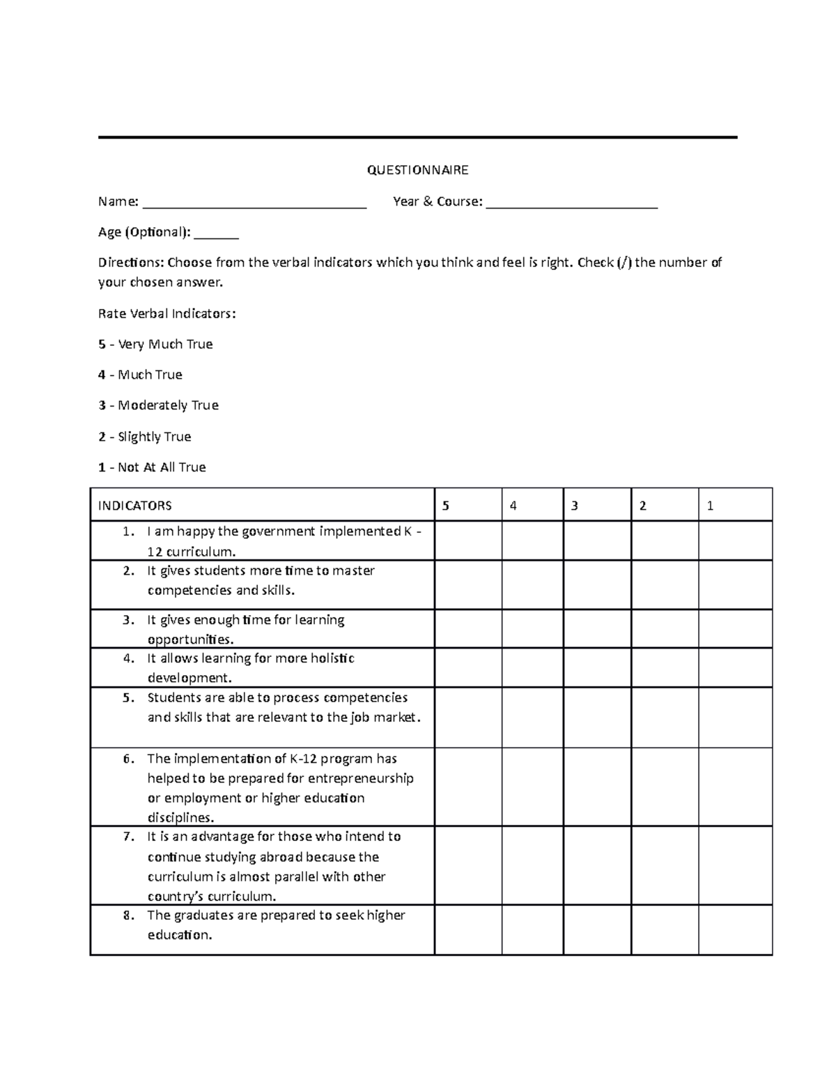 Questionnaire (K-12) - QUESTIONNAIRE Name ...