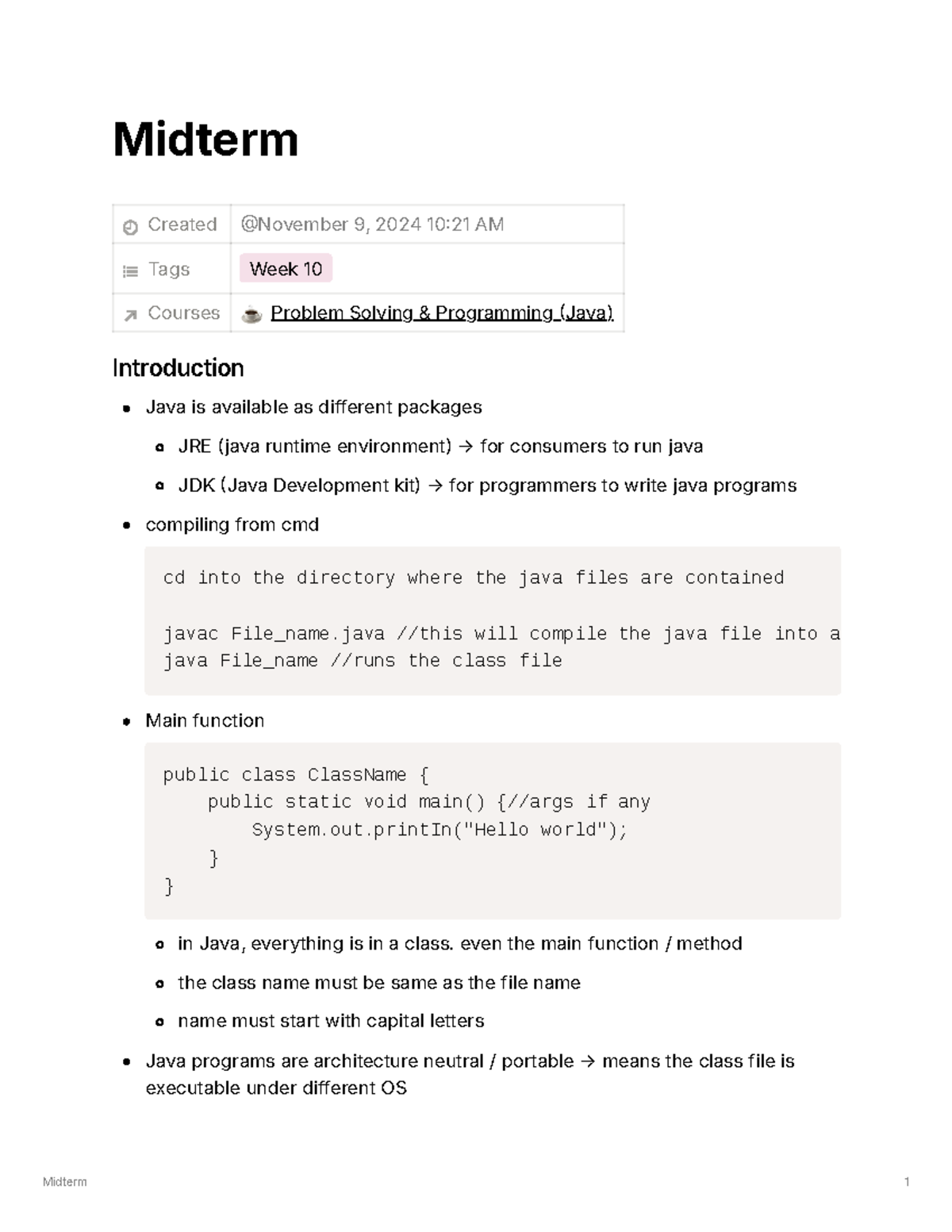 Java midterm summary incomplete - Midterm Created Tags Week 10 Courses ...