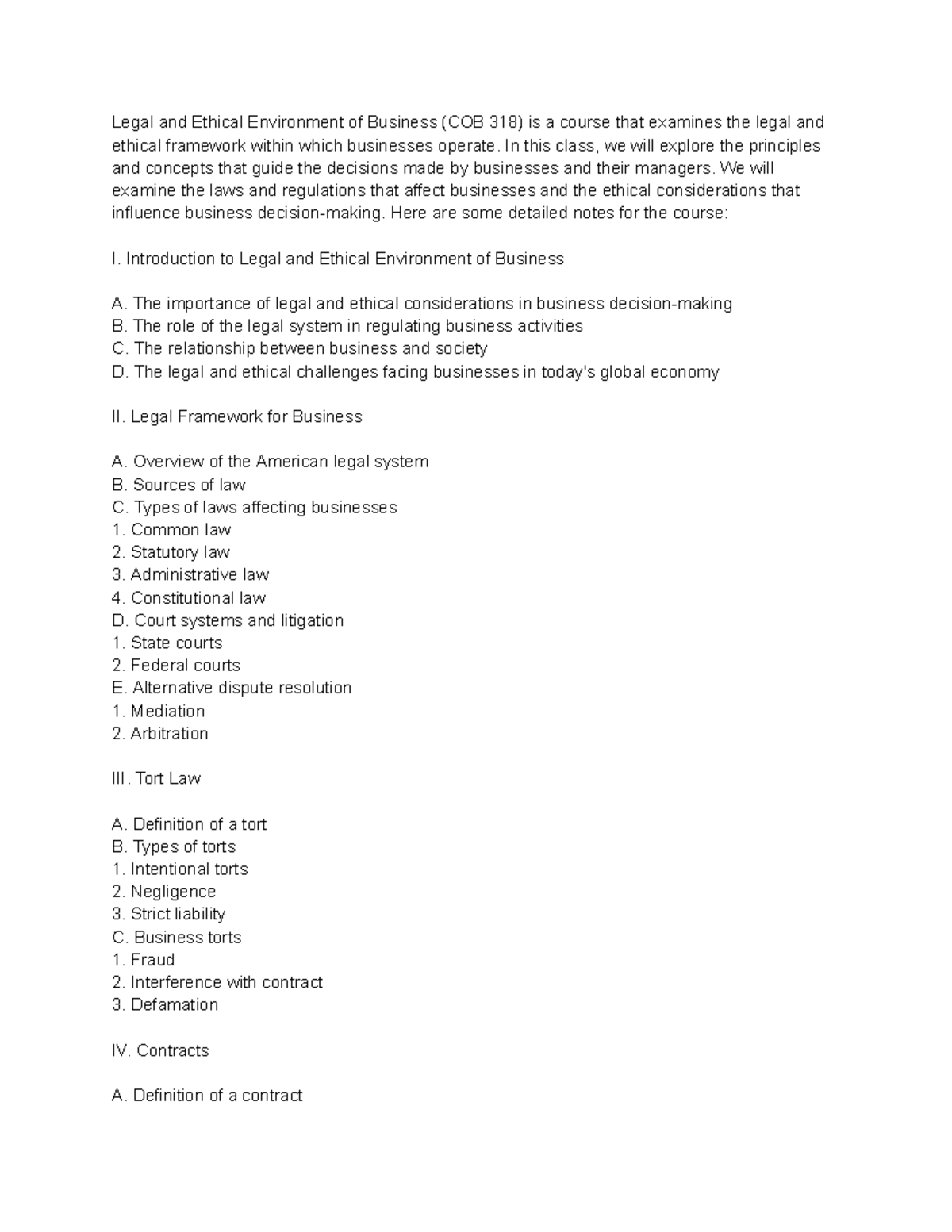 Legal and Ethical Environment of Business (COB 318)1 In this class