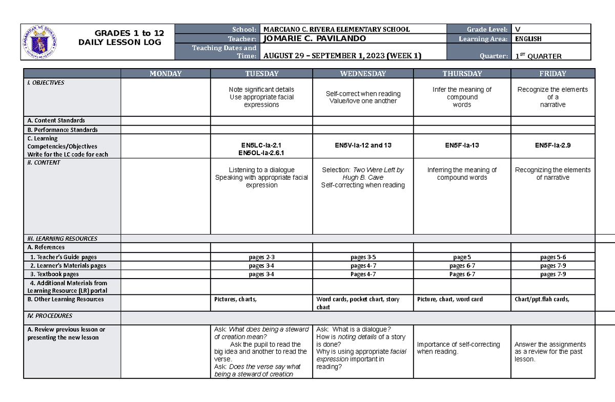DLL English 5 Q1 W1 - use it if you need it - GRADES 1 to 12 DAILY ...