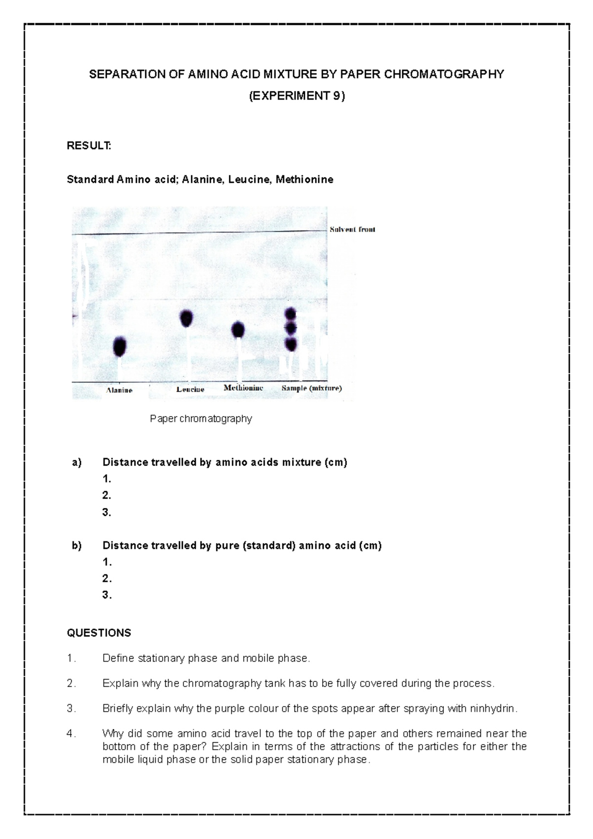 Data Expt 9 Data for experiment 9 SEPARATION OF AMINO ACID MIXTURE