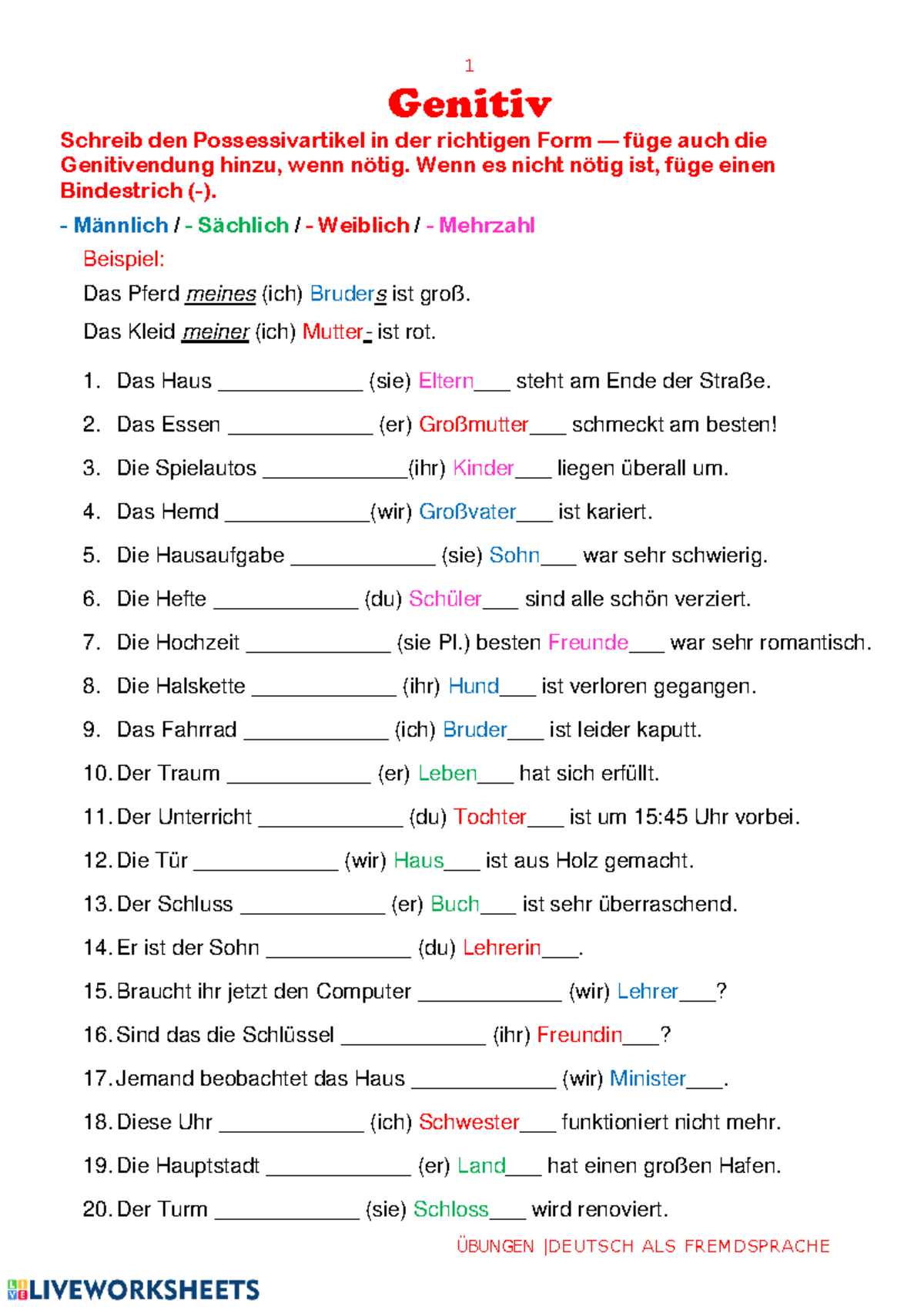 S Genitiv Englisch übungen Mit Lösungen Genitiv 2 - ÜBUNGEN |D E U T S C H A L S F R E M D S P R A C H E 1
