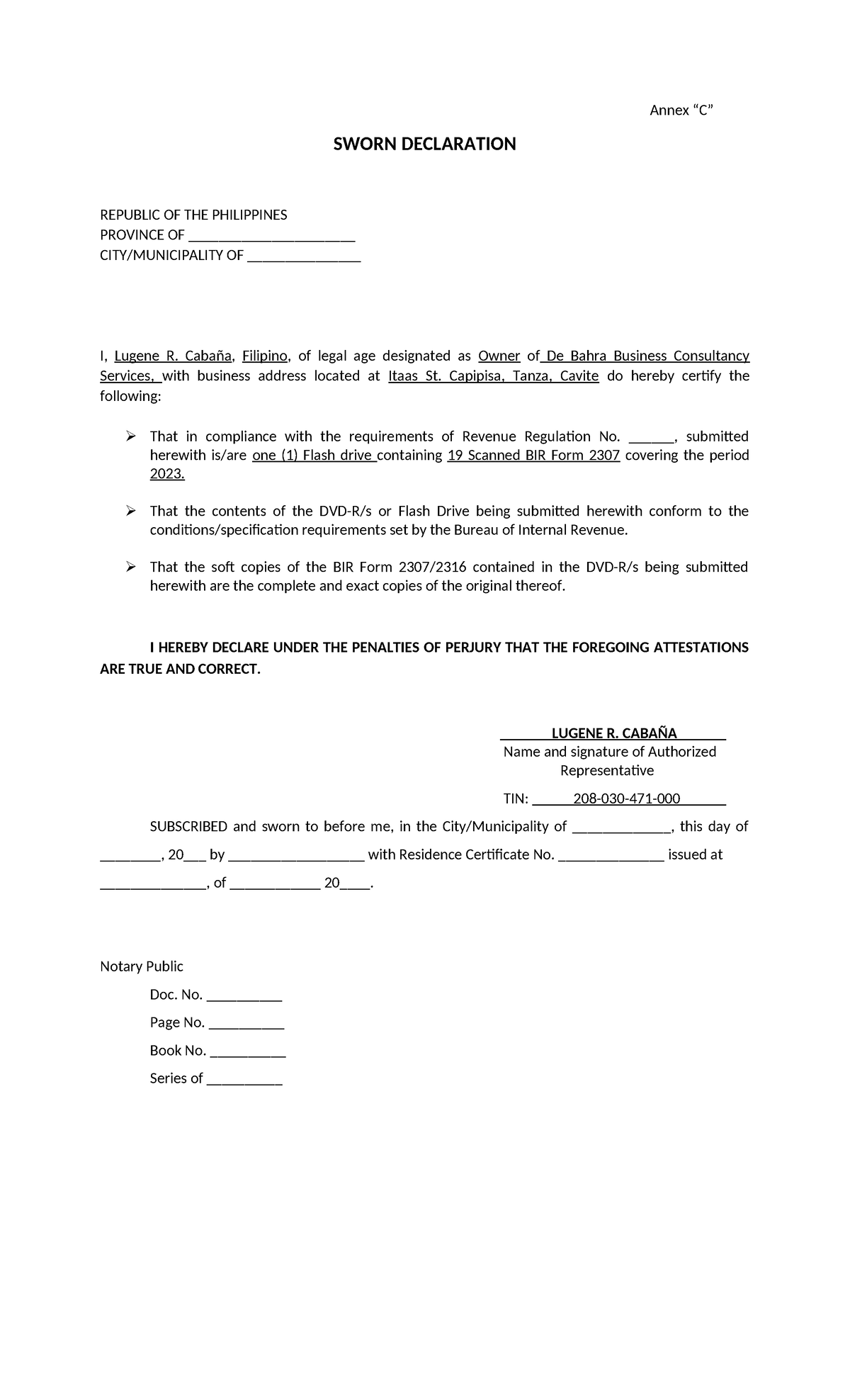 Sworn Declaration (2307 2316) - Annex “C” SWORN DECLARATION REPUBLIC OF ...