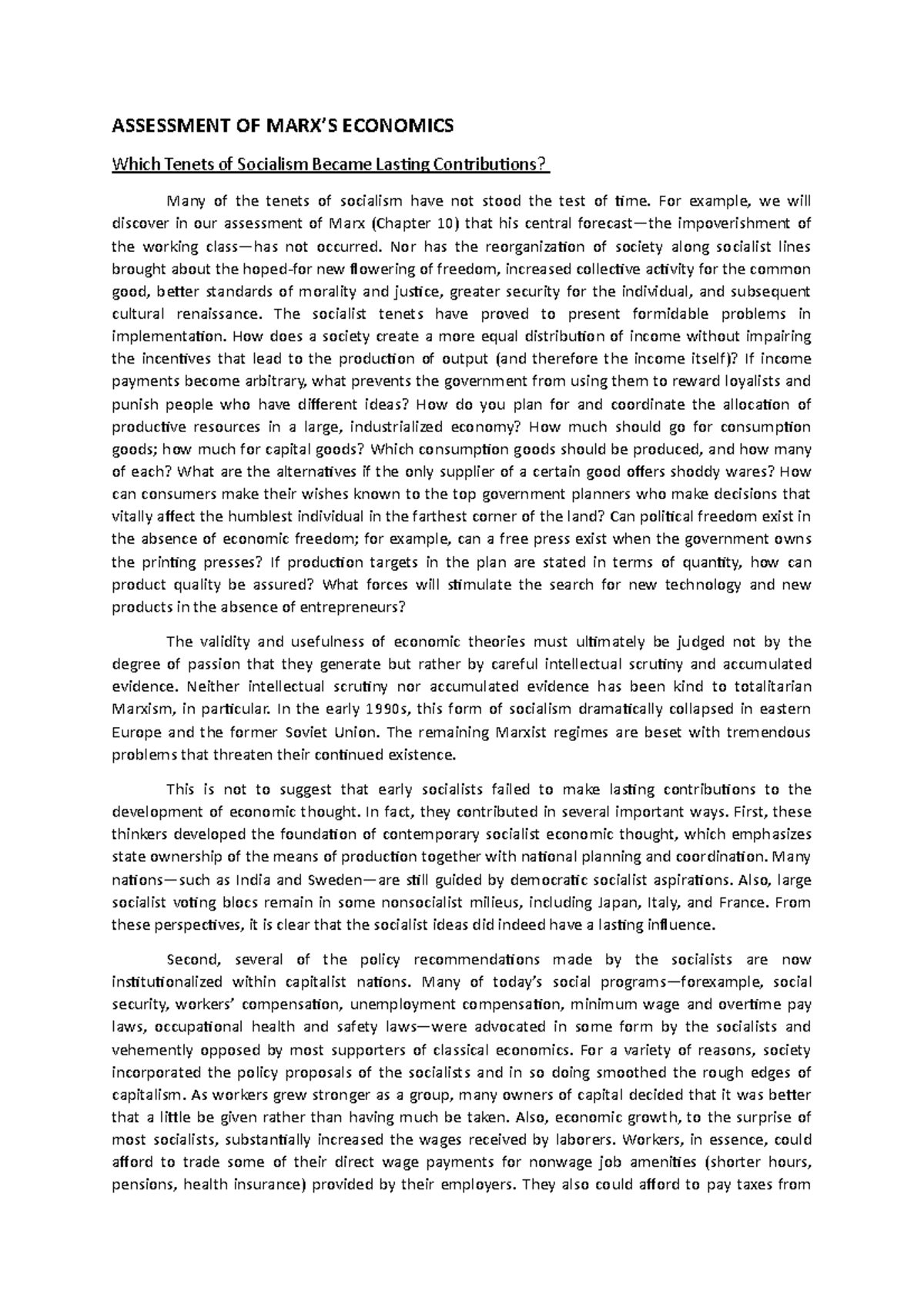 Assingement Classical School - ASSESSMENT OF MARX’S ECONOMICS Which ...