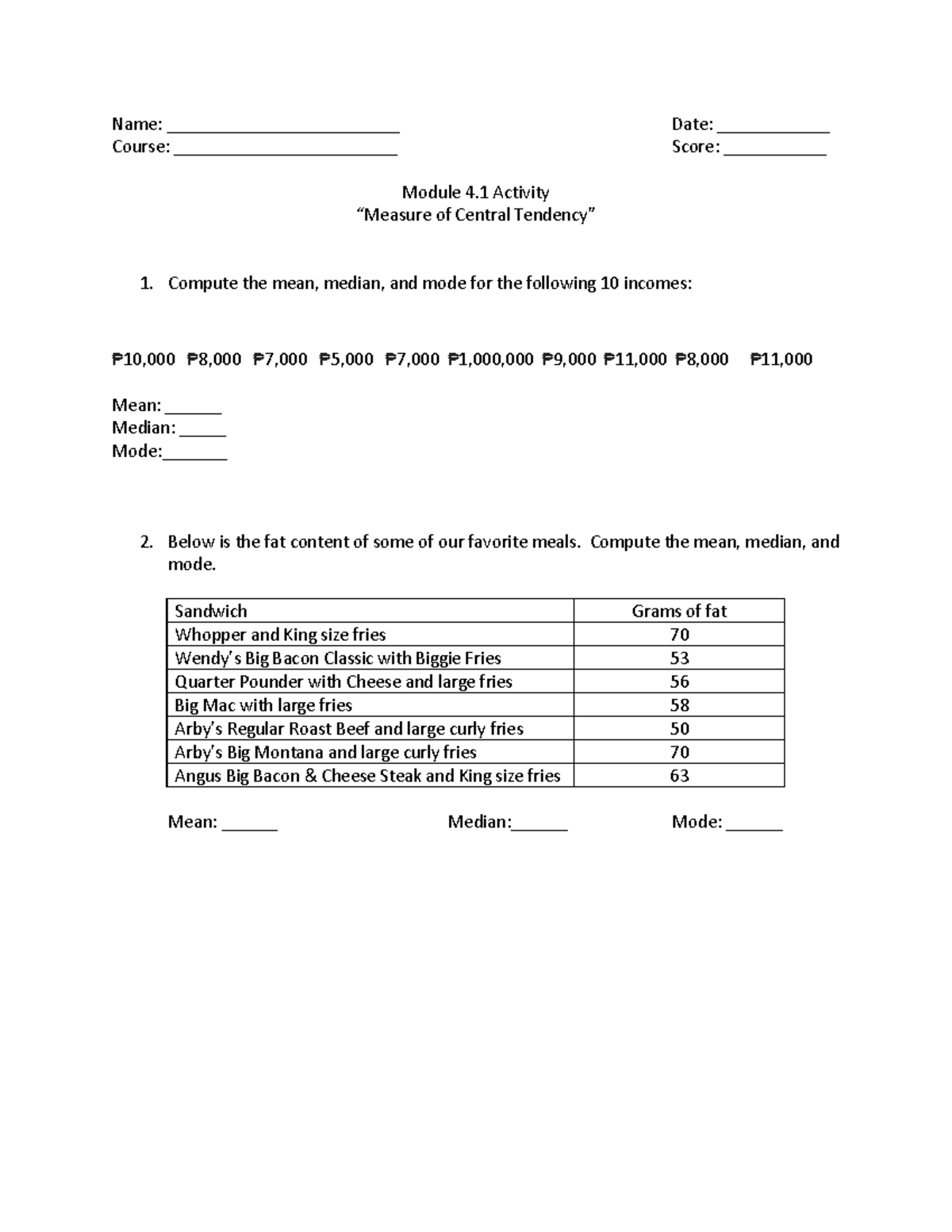 MMW Activity - Measure of Central Tendency - Name ...