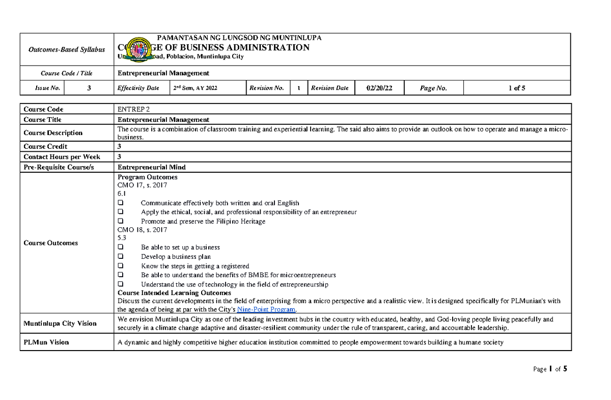 Syllabus for Entrepreneurial Management Course - Outcomes-Based ...