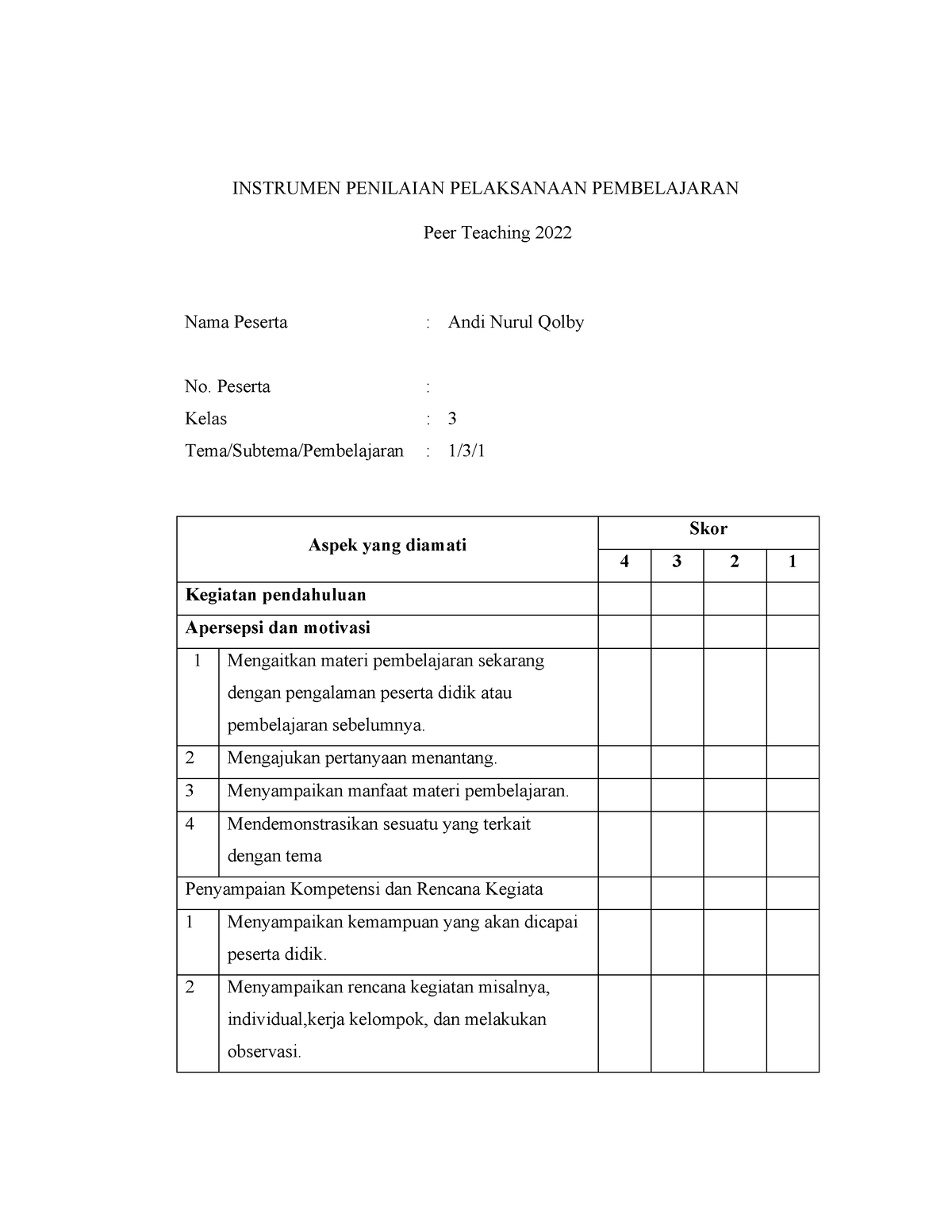 Instrumen Penilaian ANDI Nurul Qolby - INSTRUMEN PENILAIAN PELAKSANAAN ...