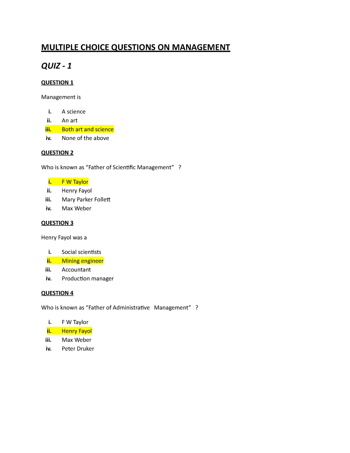 Multiple Choice Questions ON Management