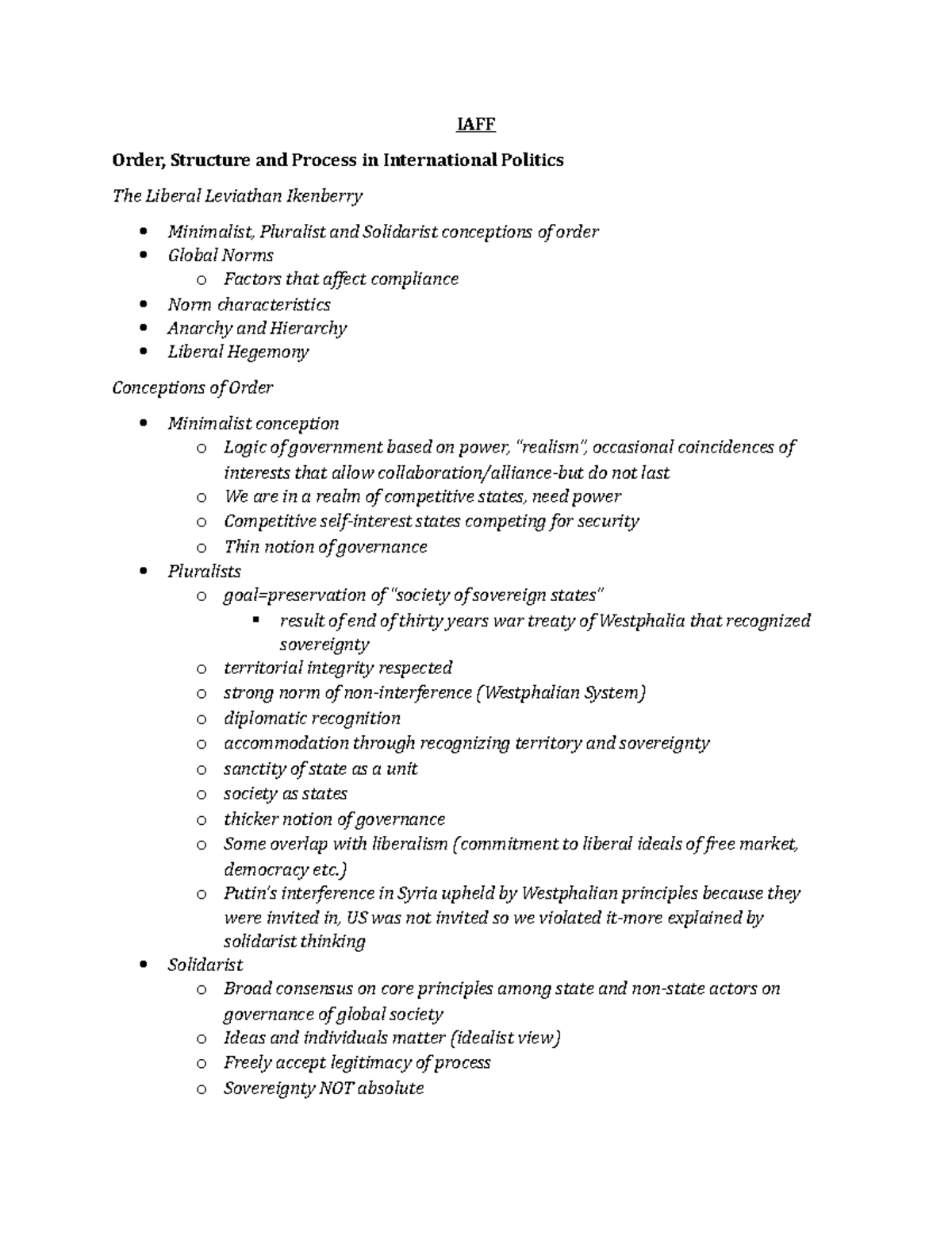 Intro to International Affairs Lecture Notes - IAFF Order, Structure ...