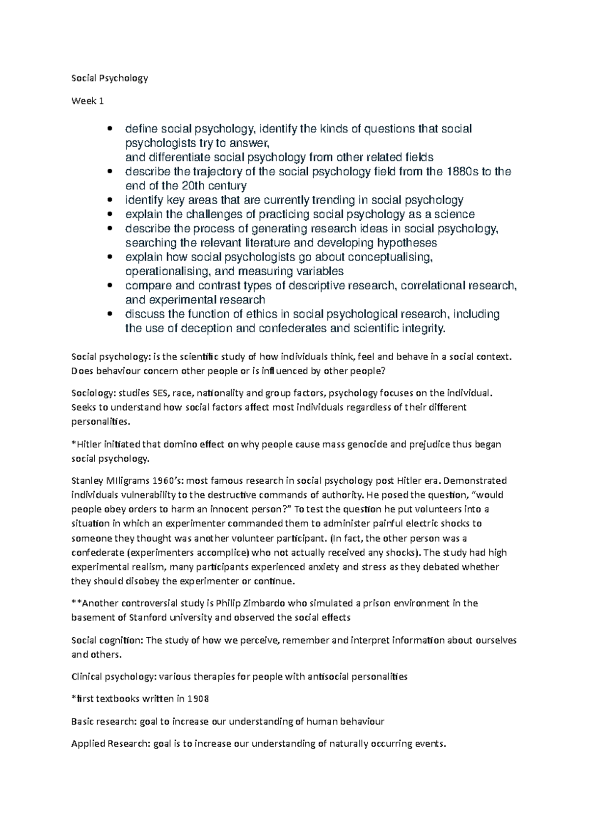 Exam notes - Social Psychology Week 1 define social psychology ...