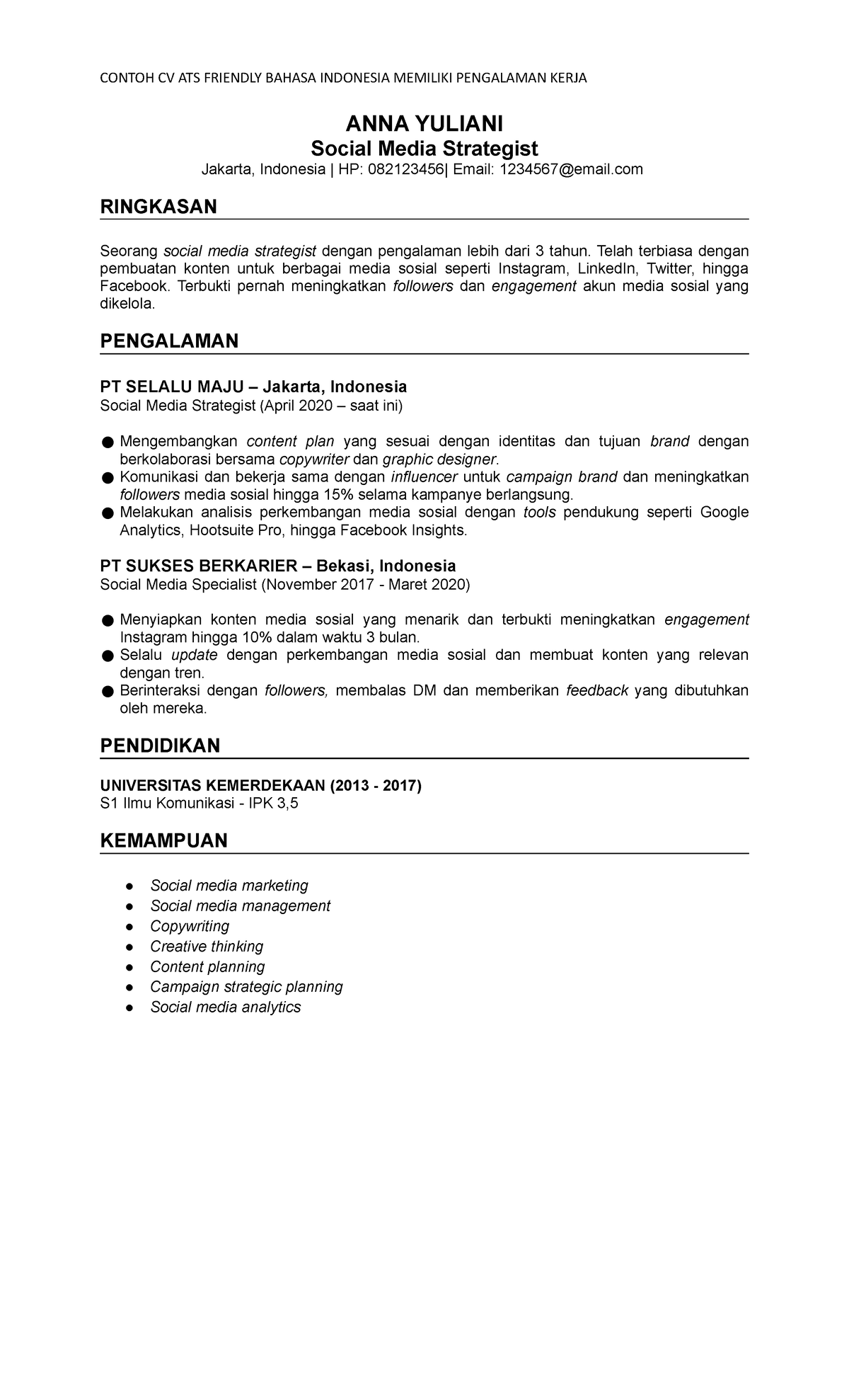 Template 4 - CONTOH CV ATS FRIENDLY BAHASA INDONESIA MEMILIKI ...