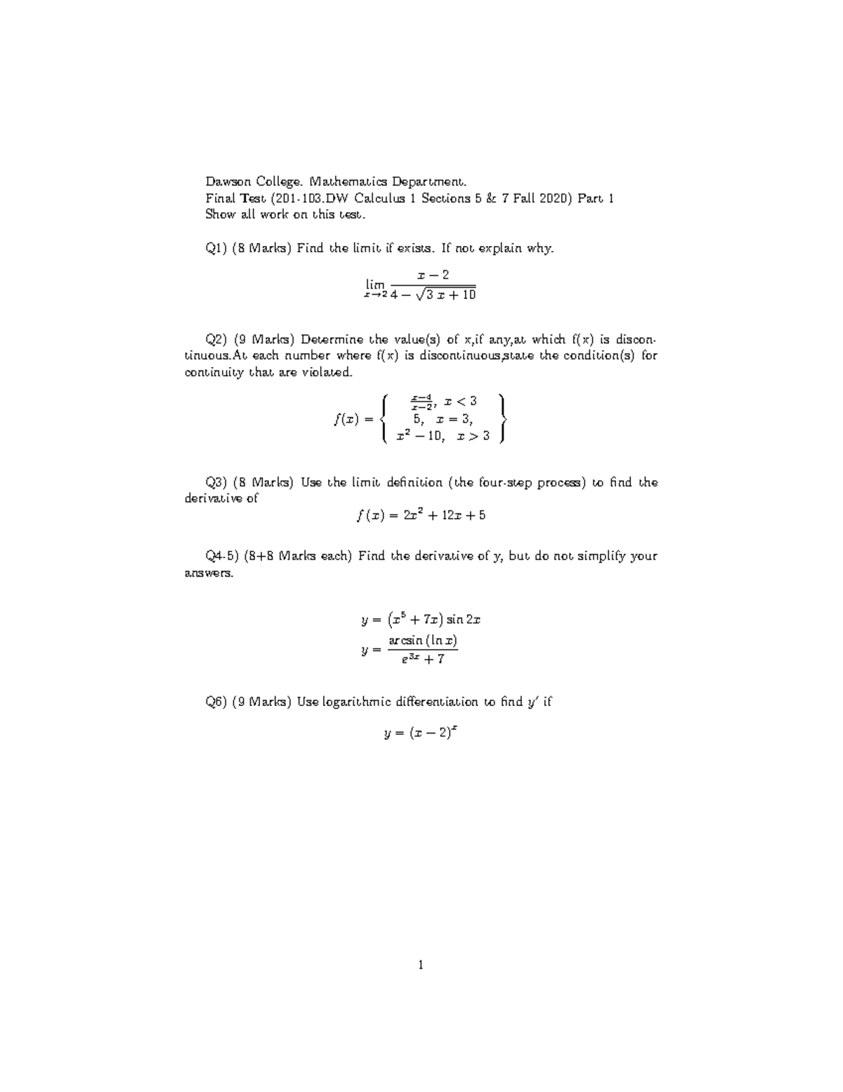 2020 Calculus 1 Final Exam Part1 - Dawson College. Mathematics ...