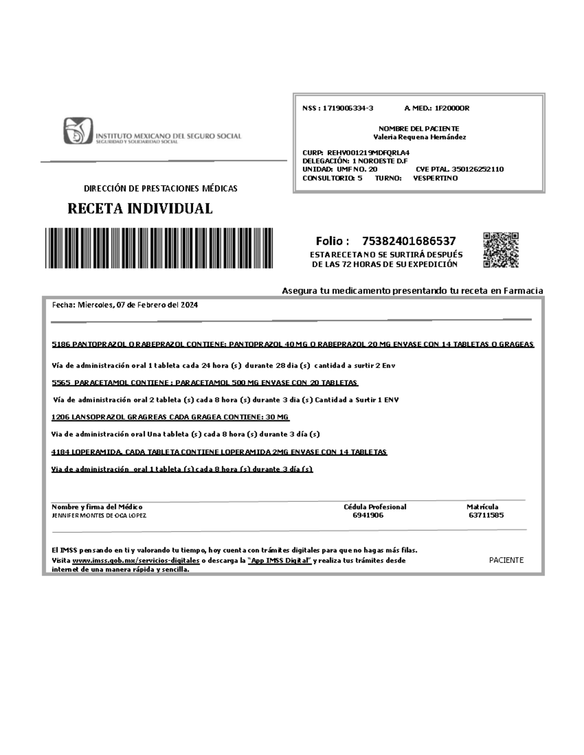 Receta - DIRECCIÓN DE PRESTACIONES MÉDICAS RECETA INDIVIDUAL Folio ...