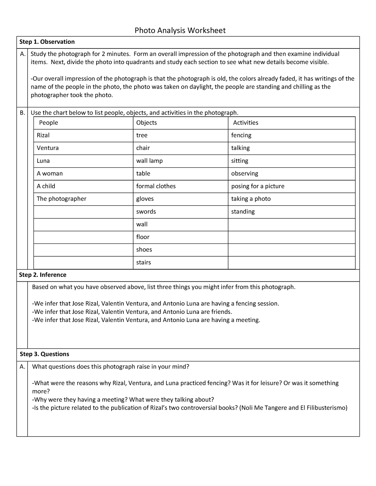 Photo Analysis Worksheet G5 - Photo Analysis Worksheet Step 1 ...