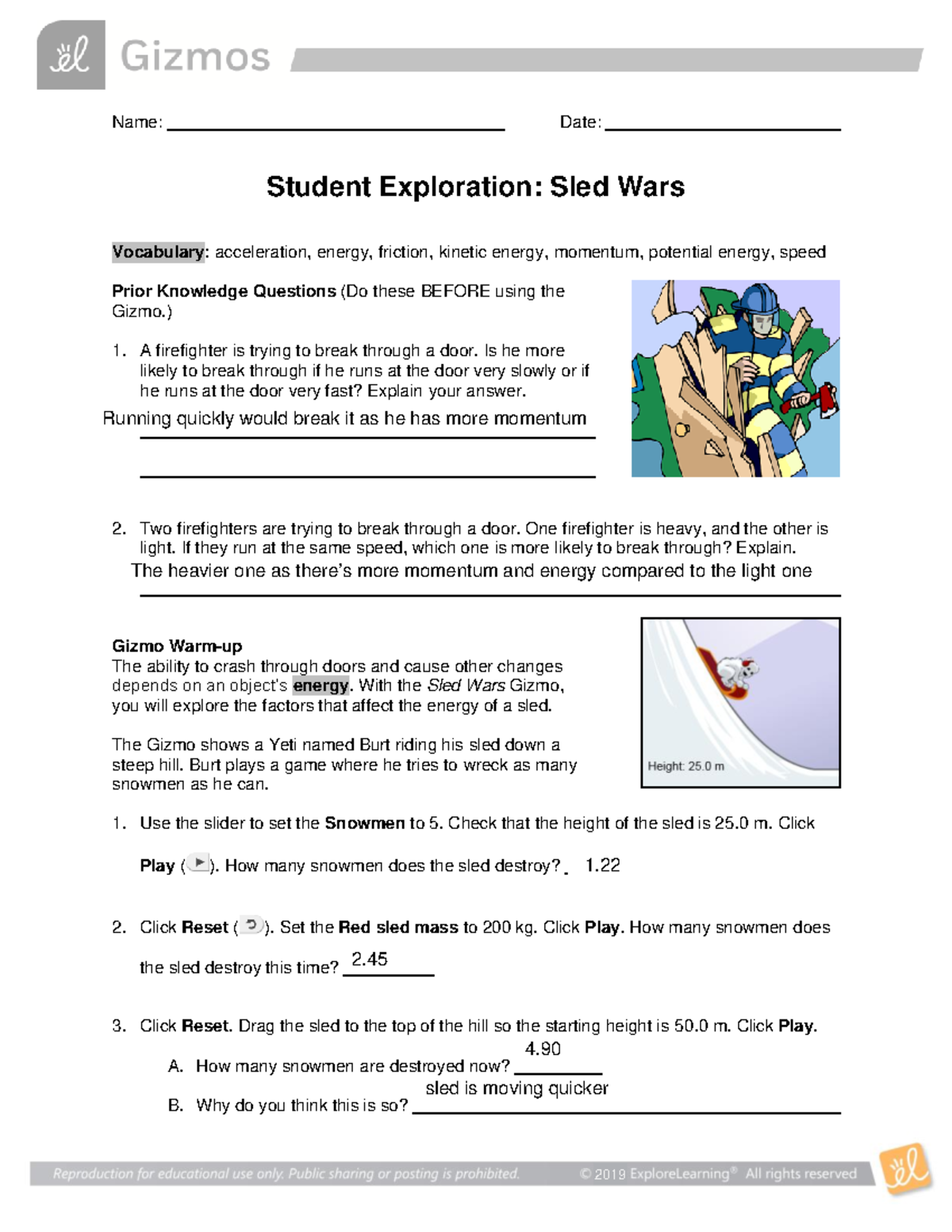 Sled Wars SE Gizmo Name Date Student Exploration Sled Wars Vocabulary Acceleration 