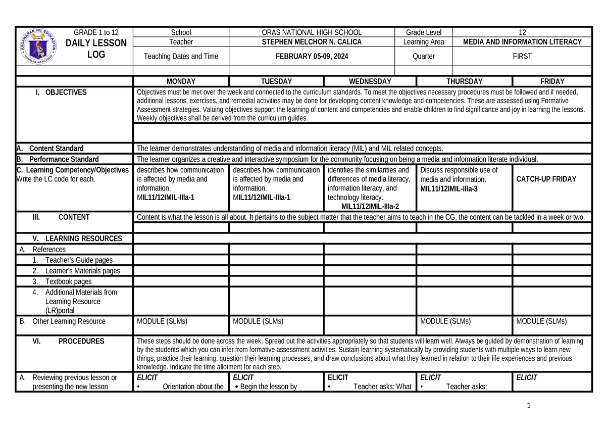 Lesson Plan in Media and Information Literacy - GRADE 1 to 12 DAILY ...