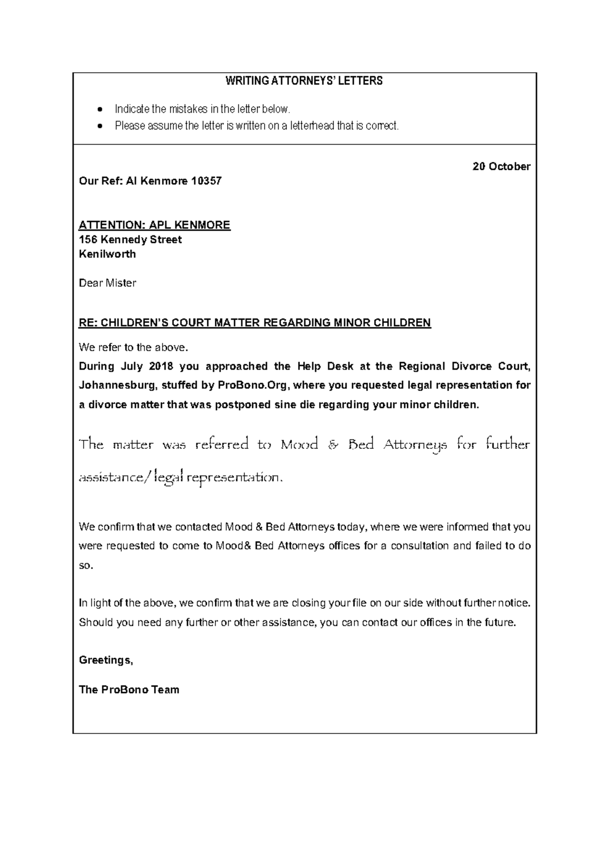 5. Exercise 5 - Indicate the mistakes on the letter - WRITING ATTORNEYS ...