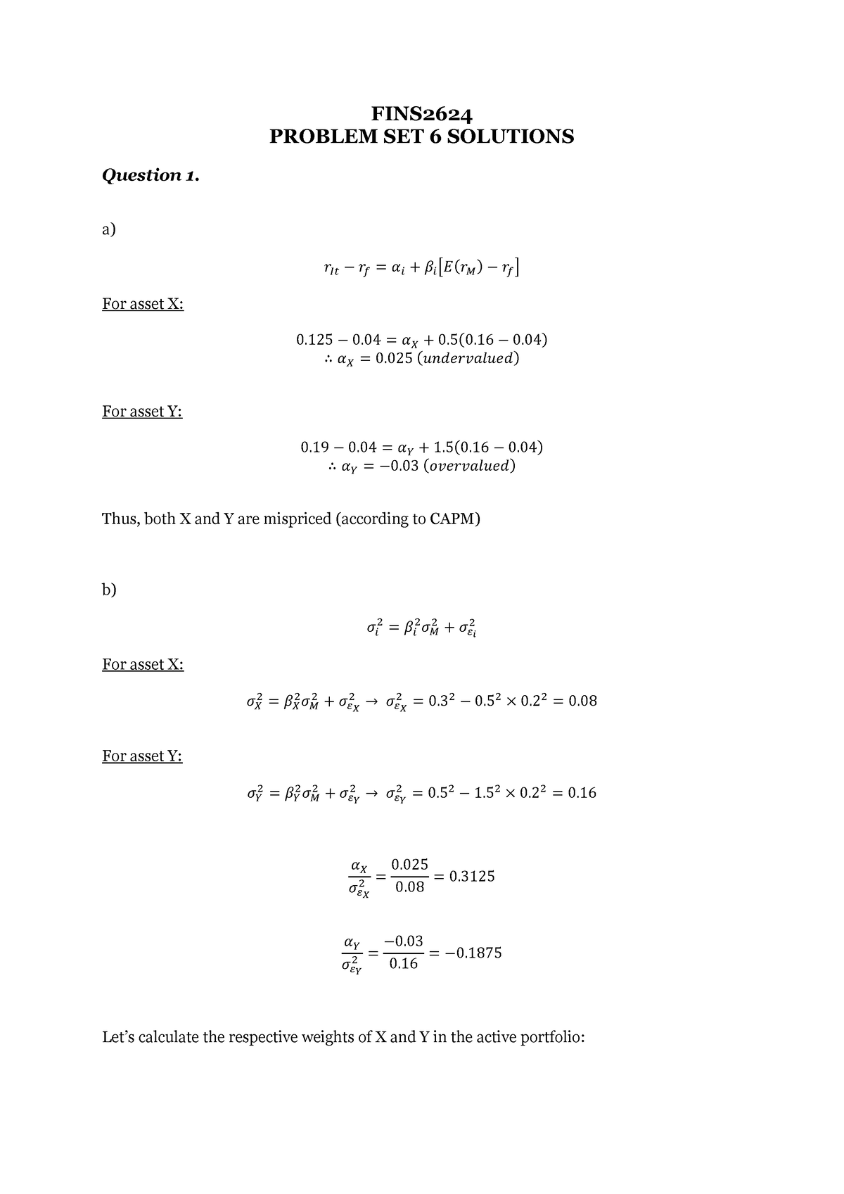 FINS2624 T1 2022 PS6 Solution - FINS PROBLEM SET 6 SOLUTIONS Question 1 ...