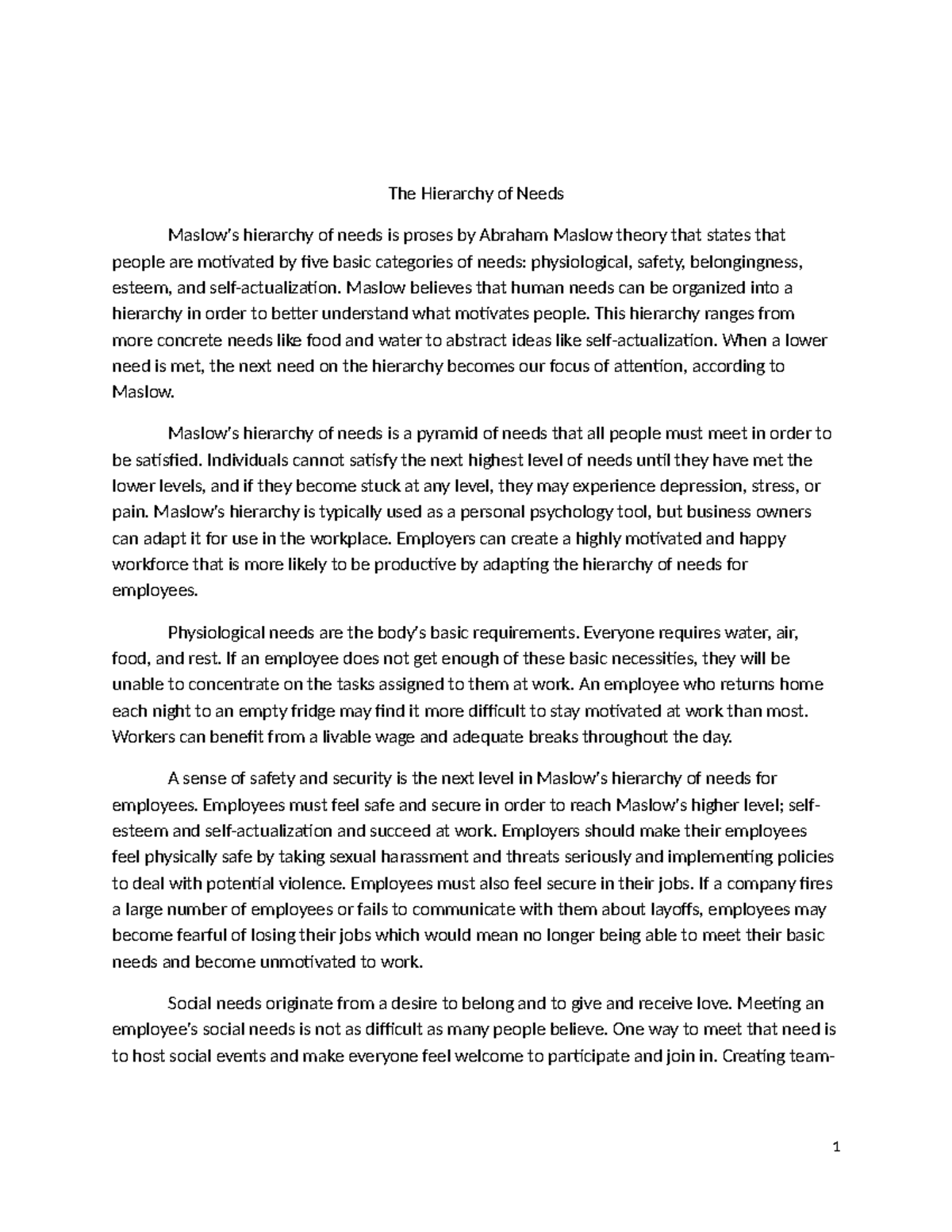 THE Hierarchy - LECTURE NOTE - The Hierarchy of Needs Maslow's ...