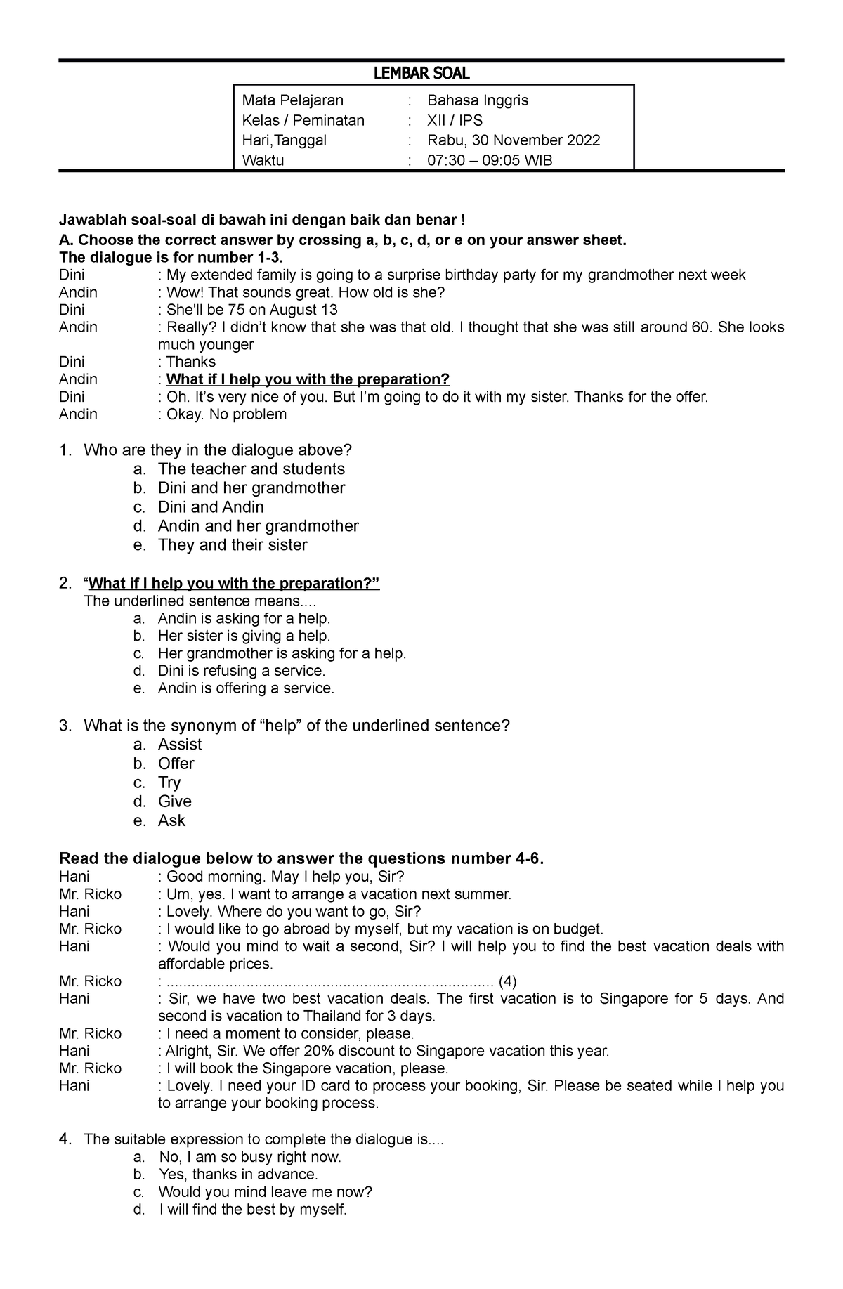 SOAL PAS Bahasa Inggris Wajib - LEMBAR SOAL Mata Pelajaran Kelas ...