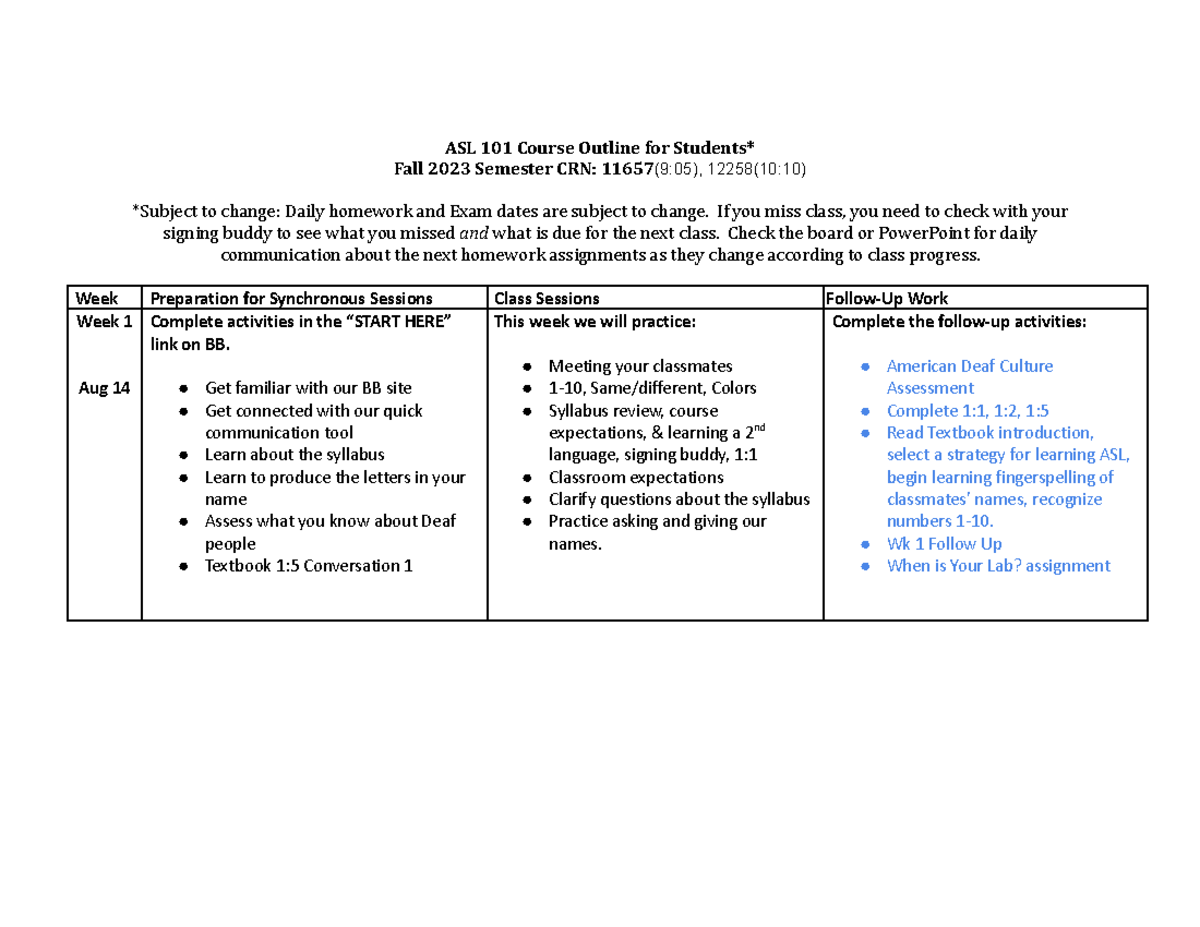 Jones Schedule Fall 23 Student Version - ASL 101 Course Outline for ...