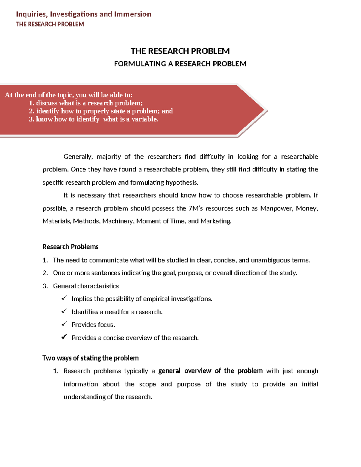 W3 THE Research Problem - Inquiries, Investigations and Immersion THE ...