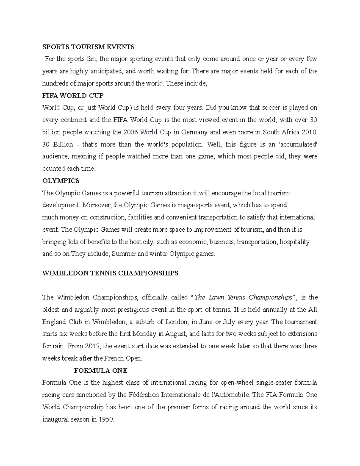 Examples OF MEGA Sports Tourism Events SPORTS TOURISM EVENTS For the