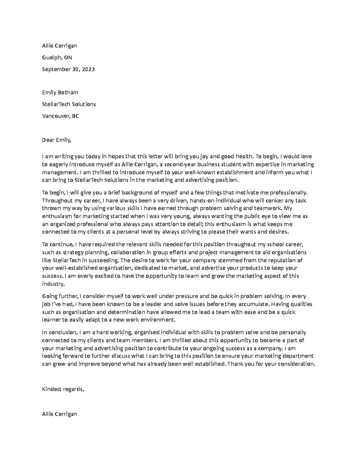 Introductory Letter to Client - Allie Corrigan Guelph, ON September 30 ...