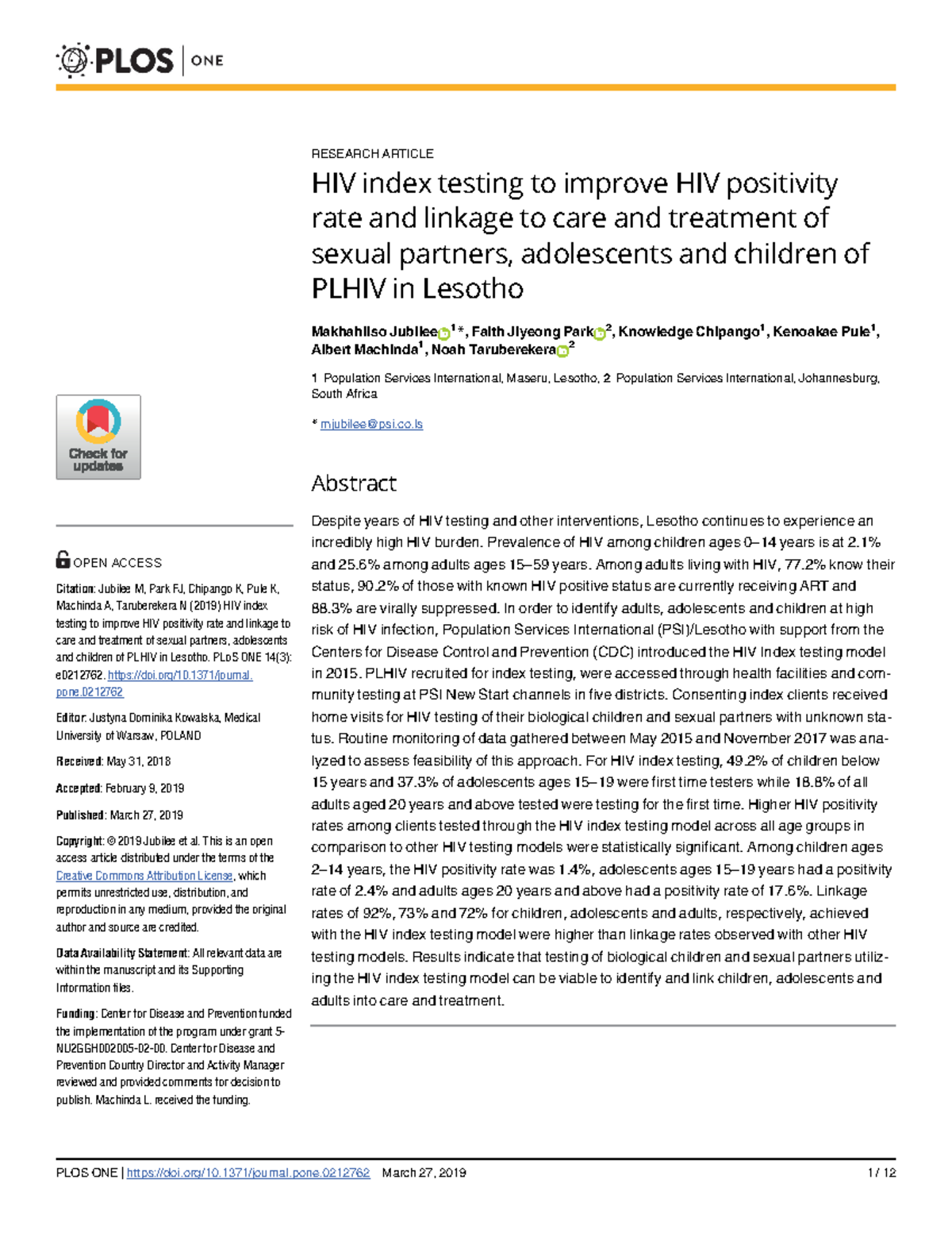 Pone 0212762 pdf - hjmkm - RESEARCH ARTICLE HIV index testing to ...