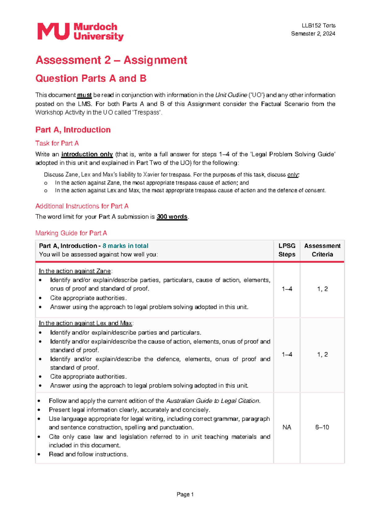 24S2 LLB152 Assessment 2 - Assignment, Question Part A and B - LLB152 ...