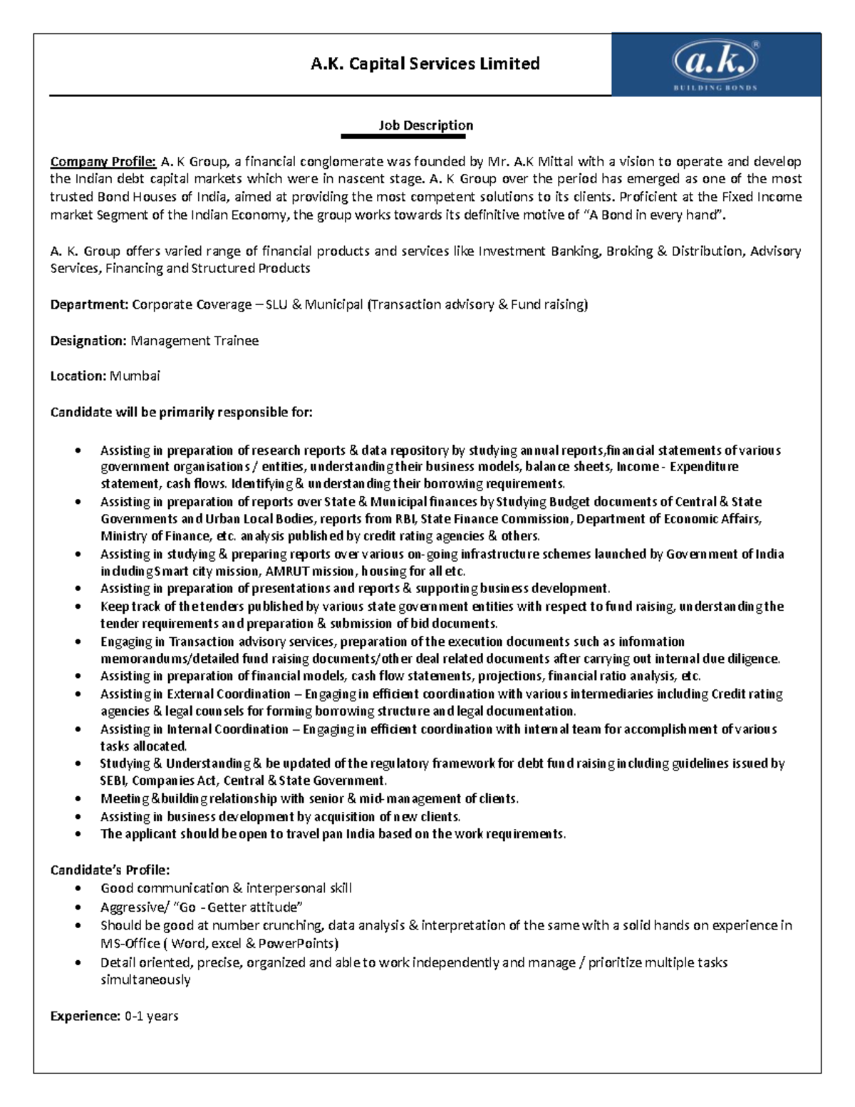 Job Description - Corporate Coverage - SLU & Municipal - A. Capital ...