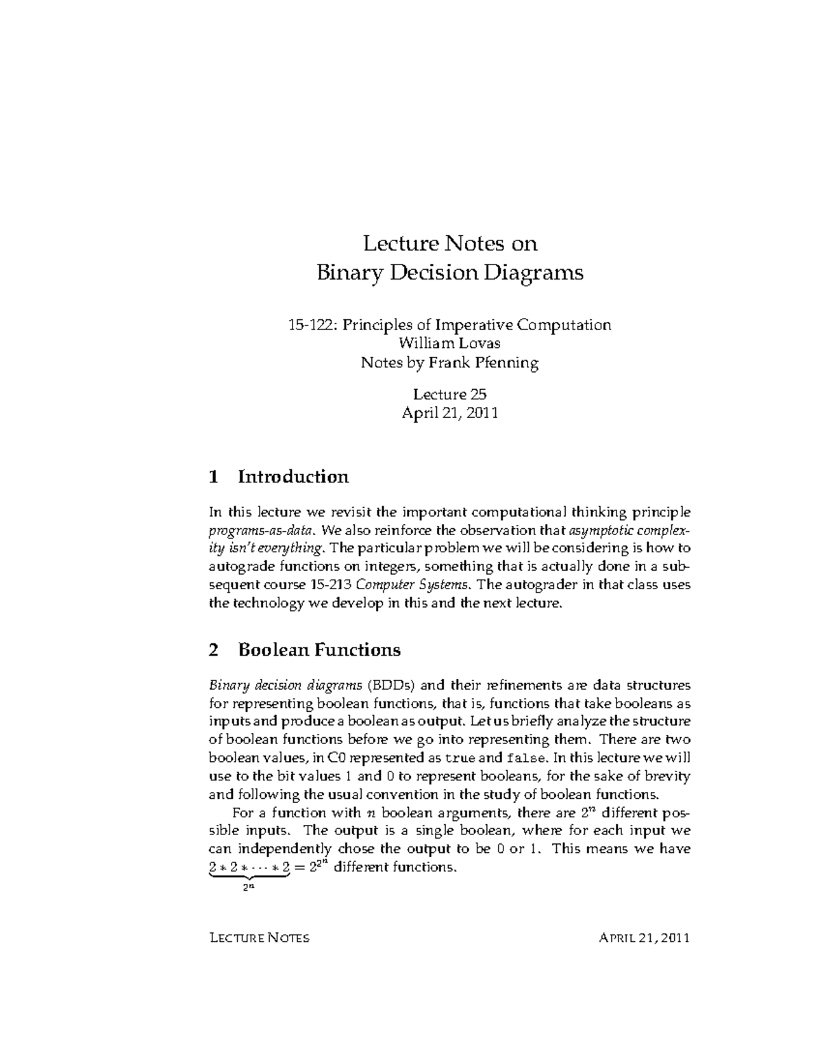 25-bdds - Notes - Lecture Notes on Binary Decision Diagrams 15-122 ...