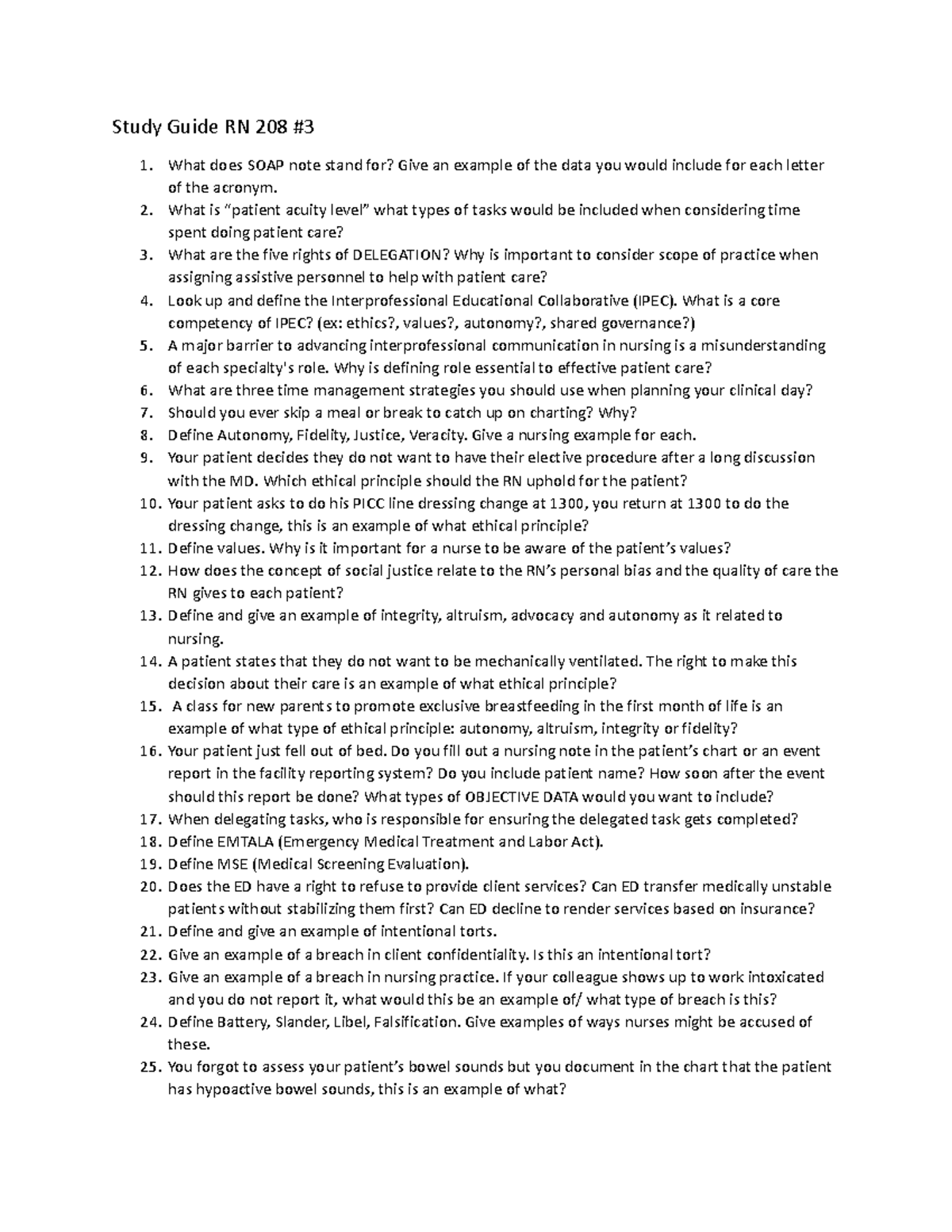 Study Guide RN 208 - Study Guide RN 208 What does SOAP note stand for ...