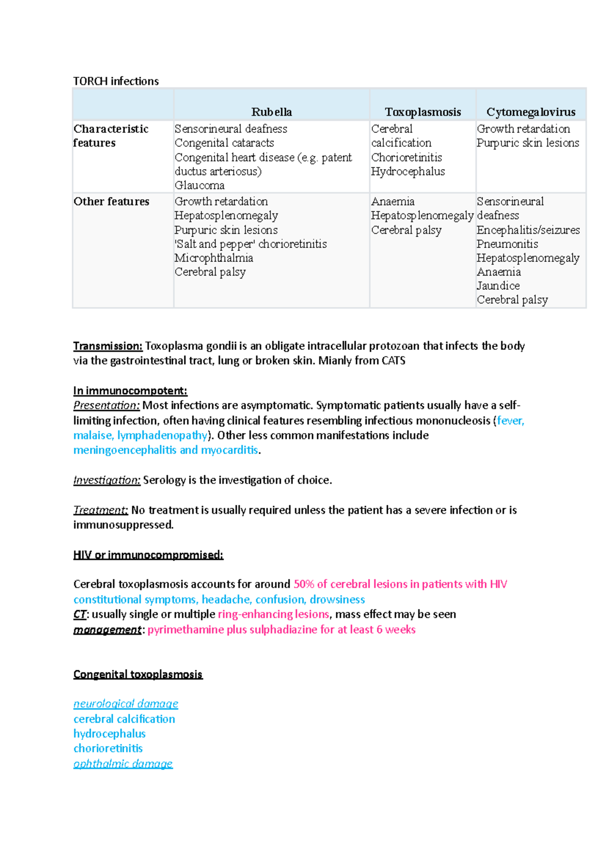 Torch infections TORCH infections Rubella Toxoplasmosis Cytomegalovirus Characteristic