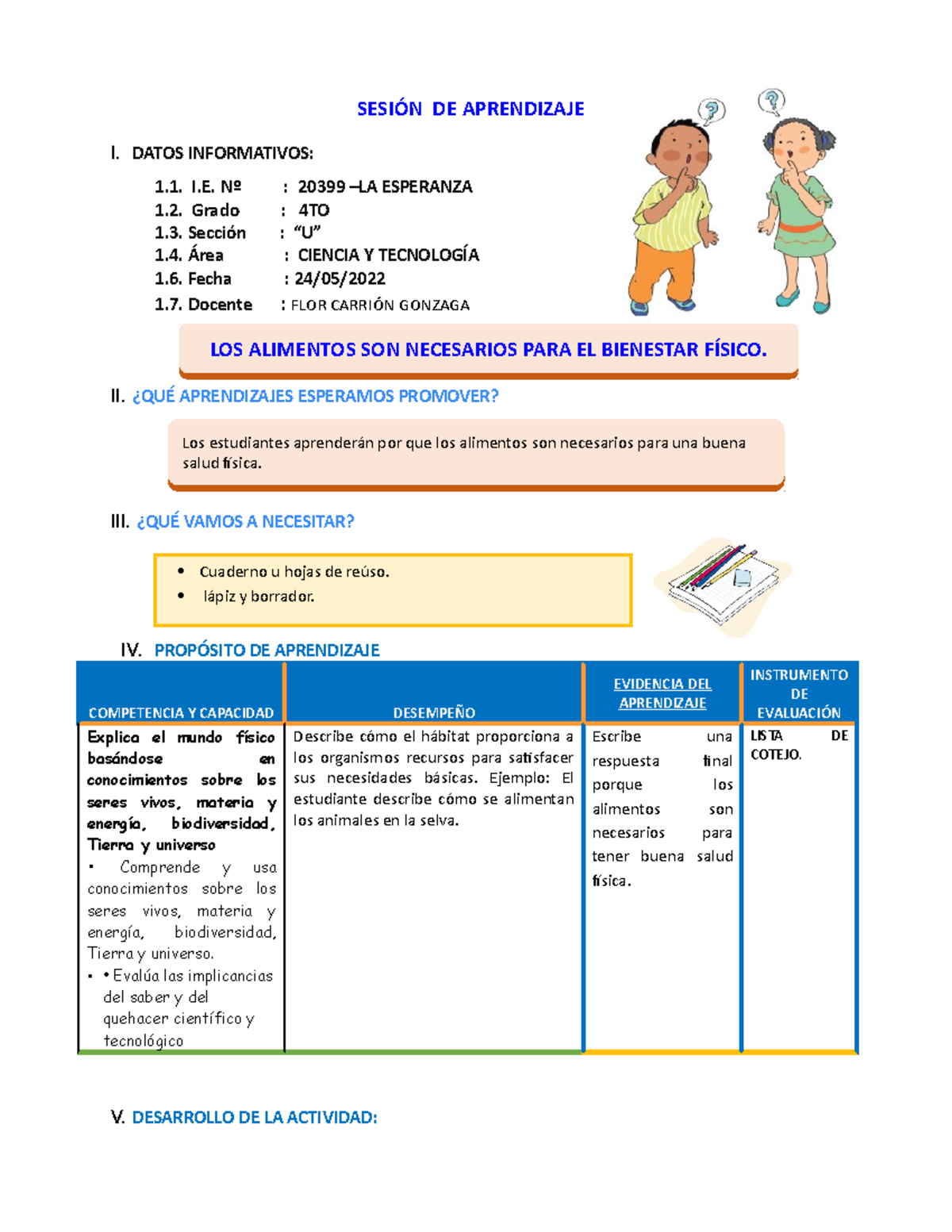 25 Sesion Los Alimentos Son Necesarios Para El Bienestar FÍsico SesiÓn De Aprendizaje I Datos 4142